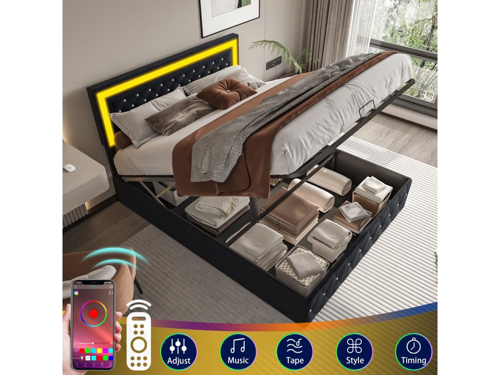 Cama 180 x 200 cm con LED y almacenamiento - cabecero ajustable - Terciopelo - Negro