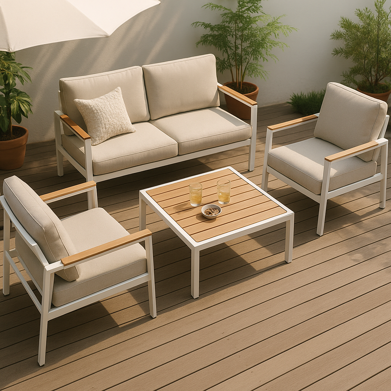 Conjunto de 5 sofás de jardín de aluminio para exterior con cojines color crema y almohadas decorativas