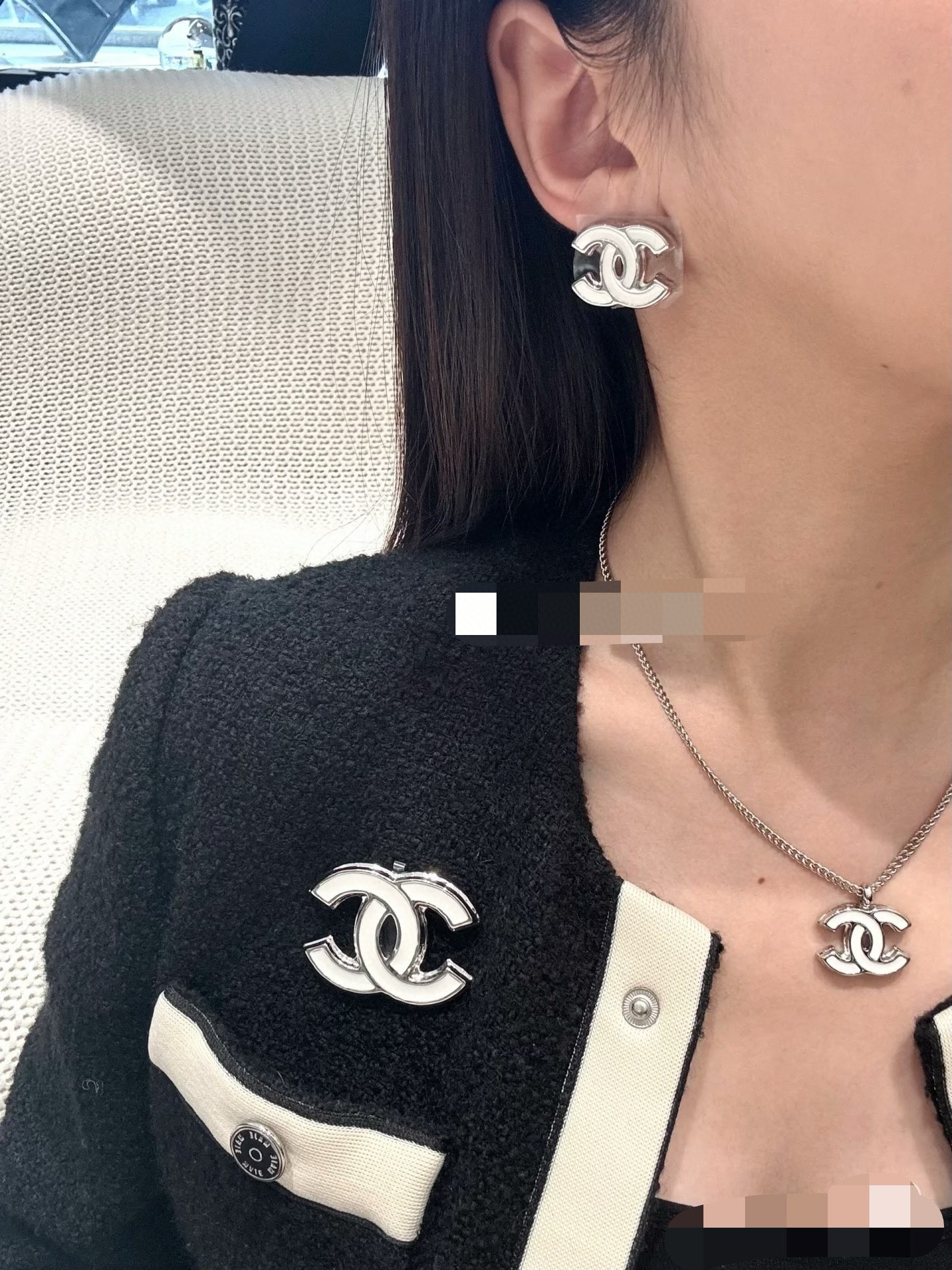 Chanel White Enamel CC Earrings Necklace Brooch - Original Replica Club