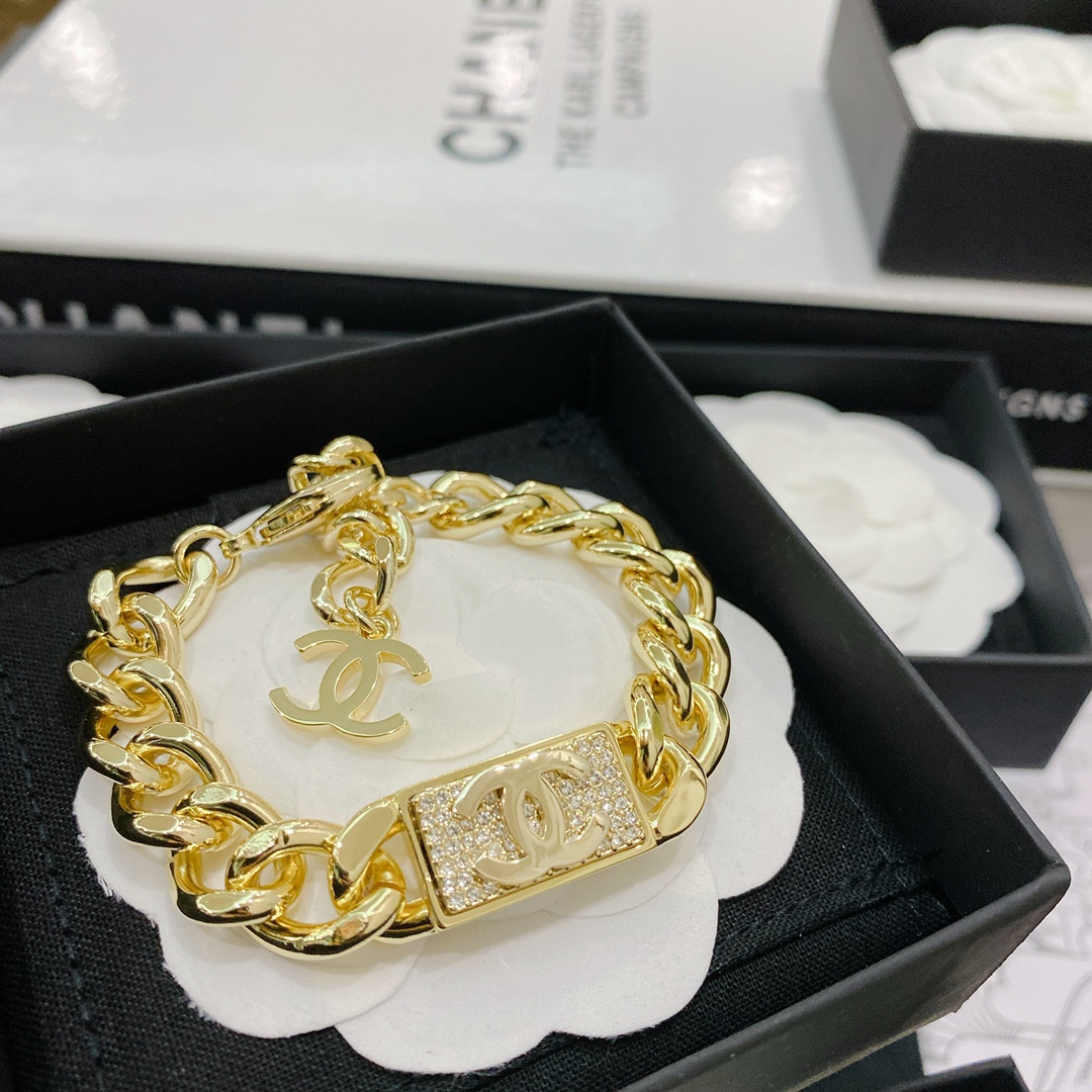 Chanel Gold Chunky Cuban Chain Rectangle Tag Bracelet - Original Replica Club
