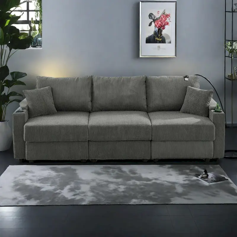 102 Corduroy Contemporary 3-Seater Sofa with Deep Seating, Cup Holders, and Phone Holder