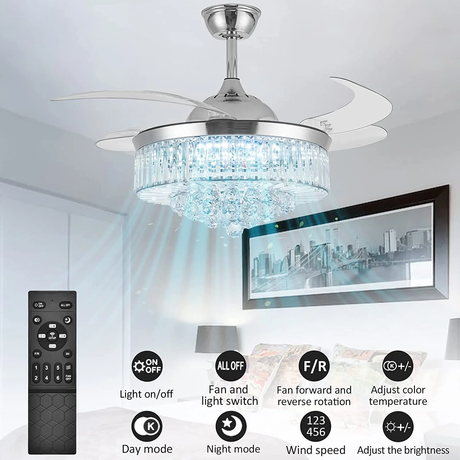 Datingday 42 Inch Crystal Ceiling Fan Golden Crystal Ceiling Fan Chandelier with Remote 6 Speeds 3 Colors Changes Lighting Fixture, 4 Blades Retractable Fans for Bedroom Living Room Dining Room - Image 13