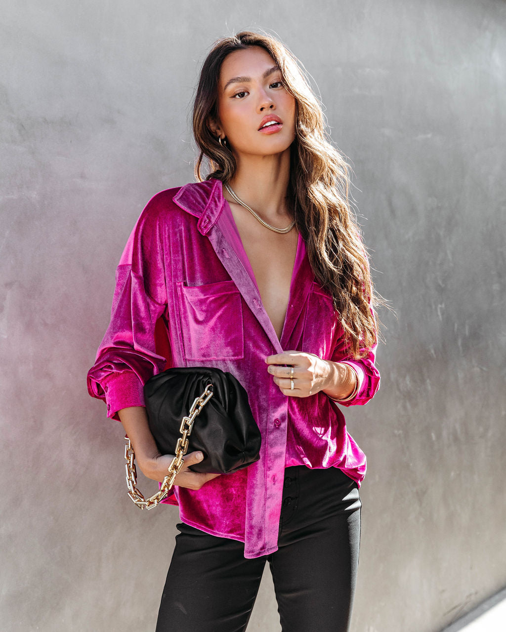 Magical Wonder Velvet Button Down Top - Magenta - Se7enfashion