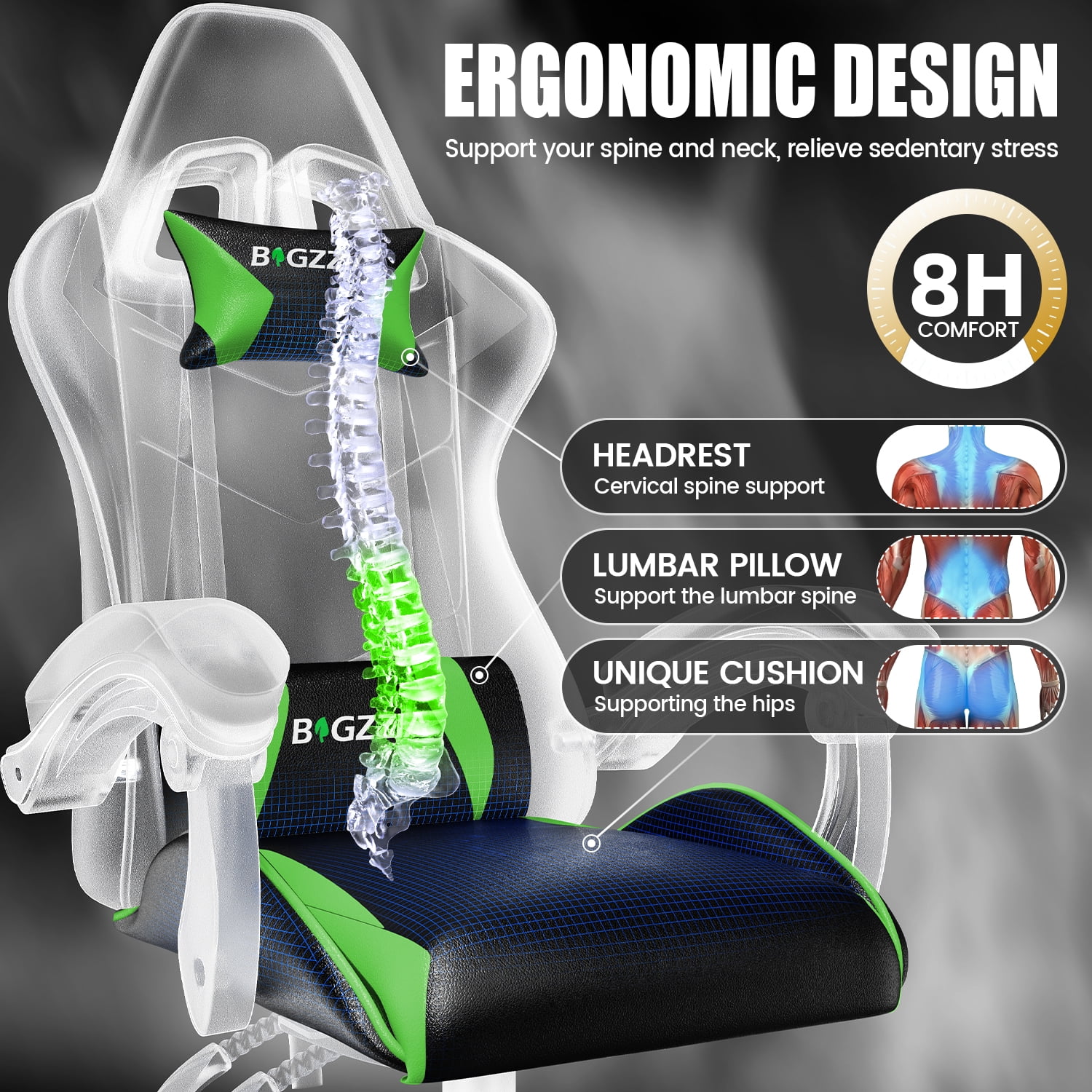 Bigzzia Gaming Chair Office Chair, Ergonomic Game Chair with Height Adjustable Headrest and Lumbar Support for Adults Teens, Black & White - Image 79