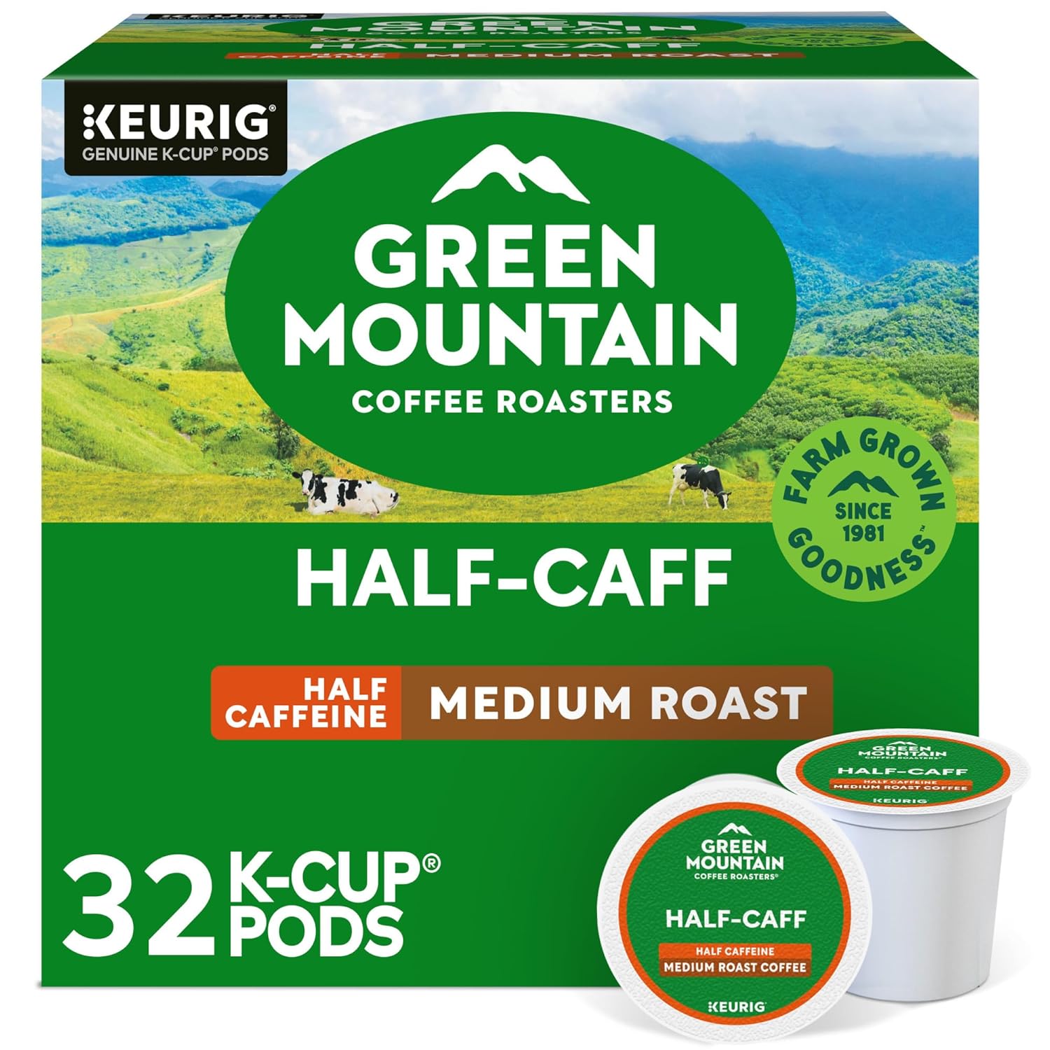 Green Mountain Coffee Roasters Half Caff. Single-Serve Keurig K-Cup Pods. Medium Roast Coffee Pods. 32 Count