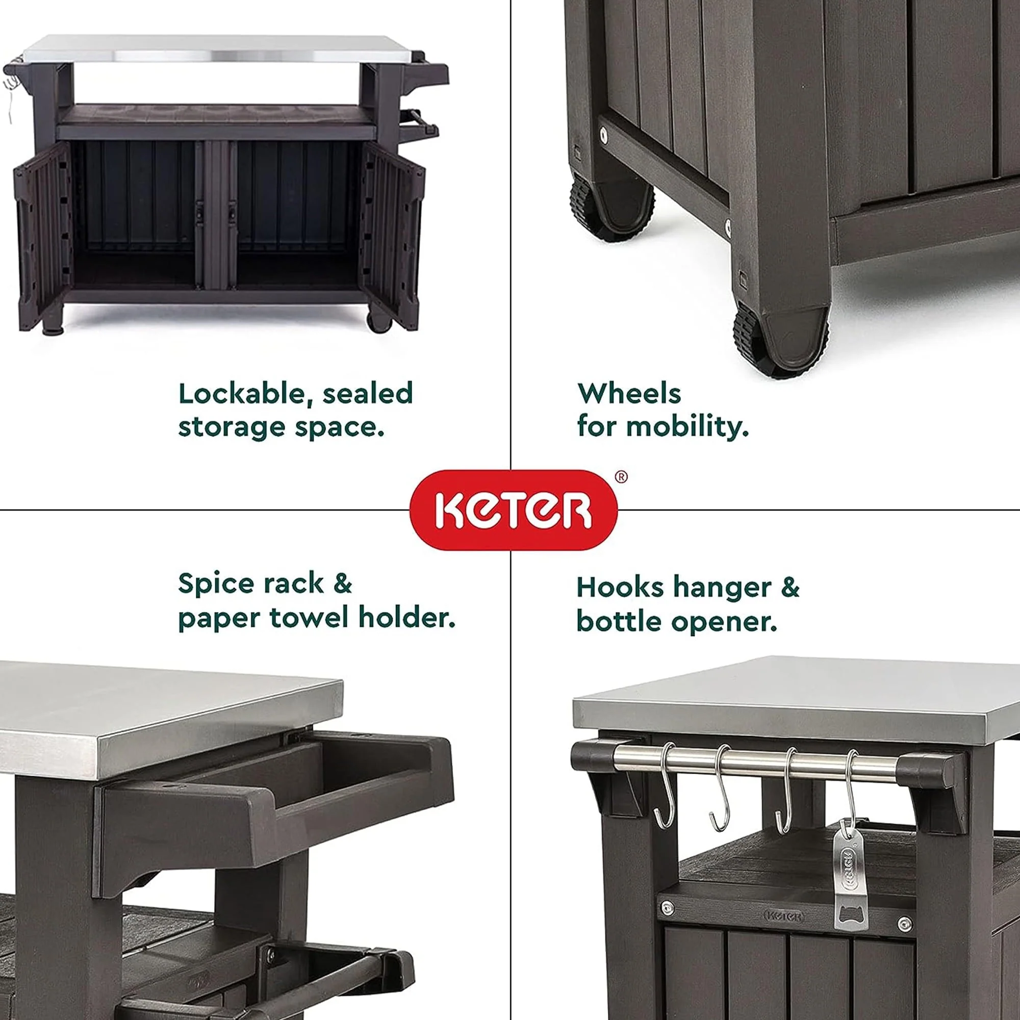 Keter Unity XL Outdoor Kitchen Bar Rolling Cart with Storage Cabinet, Brown - Image 5