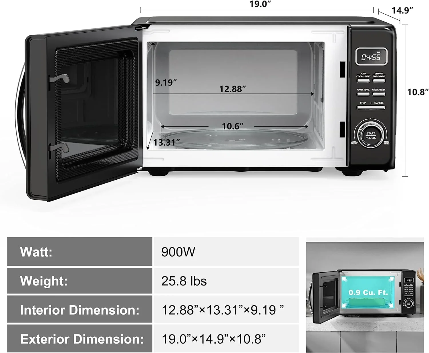Galanz Retro Countertop Microwave Oven with Auto Cook & Reheat, Defrost, Quick Start Functions, Easy Clean with Glass Turntable, Pull Handle, .9 cu ft, Black
