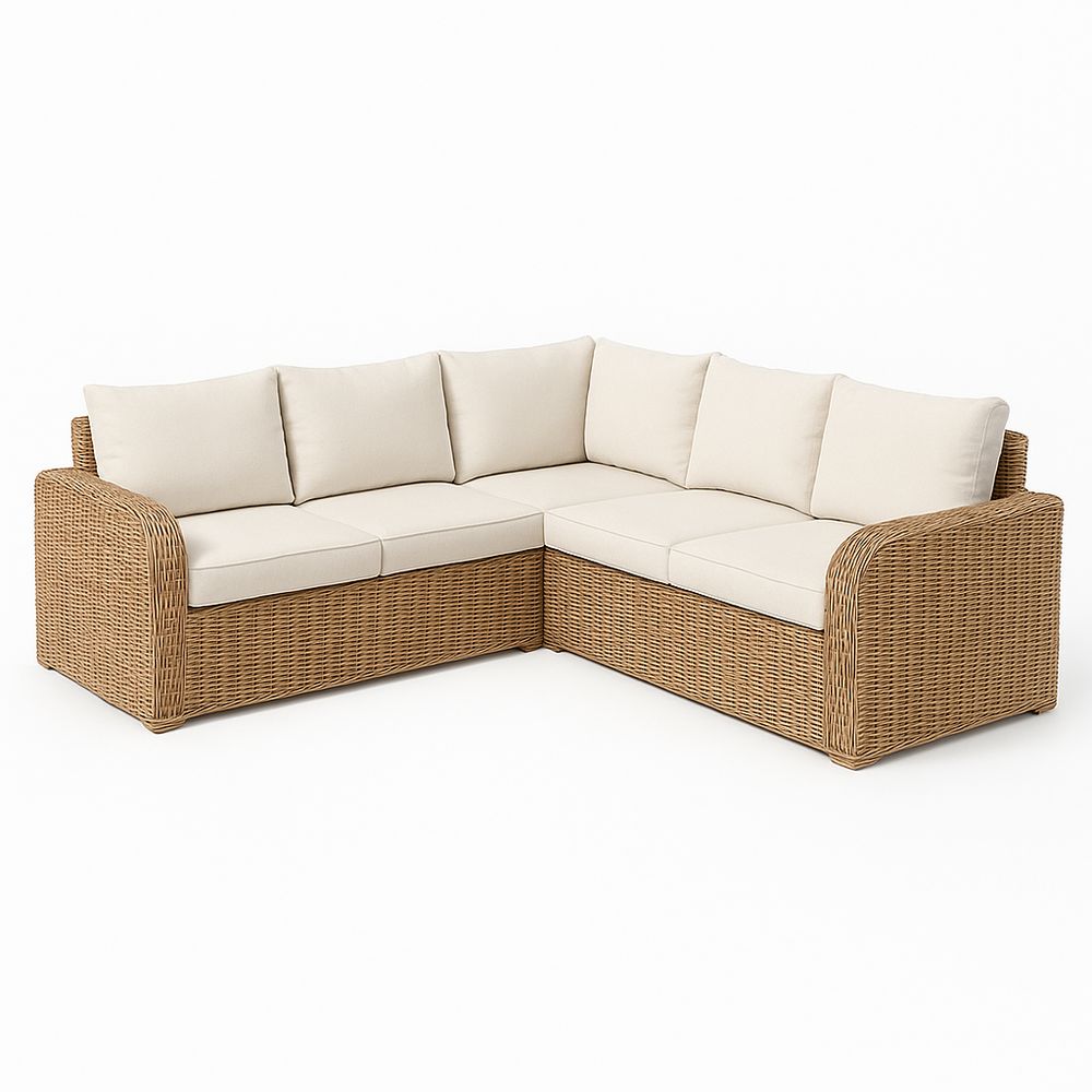 Sofá esquinerocanoso de ratán sintético,cojines beige,estilo moderno,ideal para exteriores