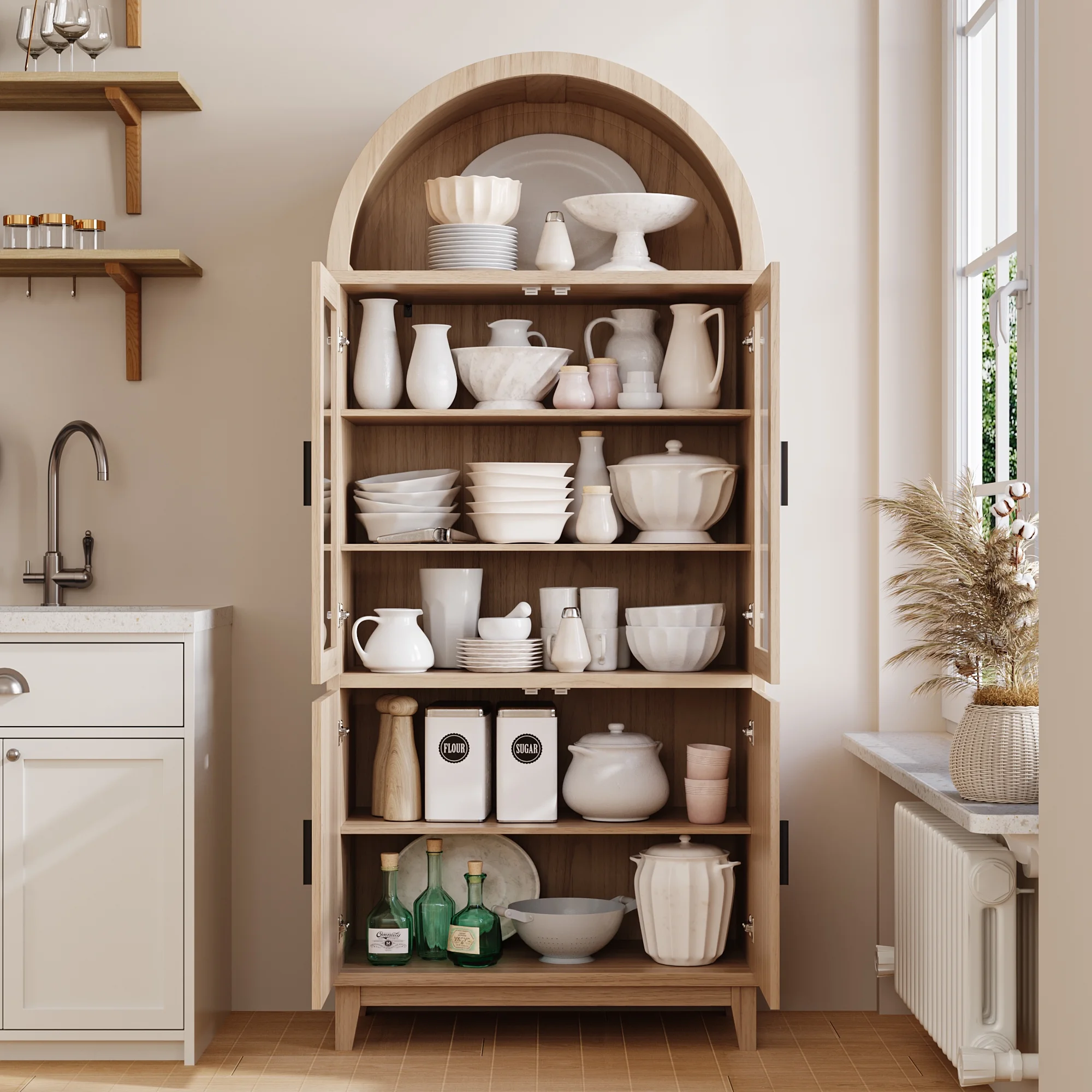 VEANERWOOD 71" Tall Arch Cabinet, Wood Fluted Kitchen Kitchen Storage Cabinet with 4 Doors and 6 Shelves for Dining Room Living Room - Image 22