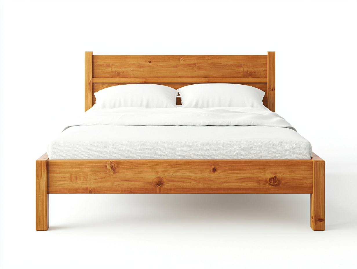 Cama de madera natural con cabecera alta, color madera, material madera, para dormitorio, tamaño 200 cm x 160 cm.