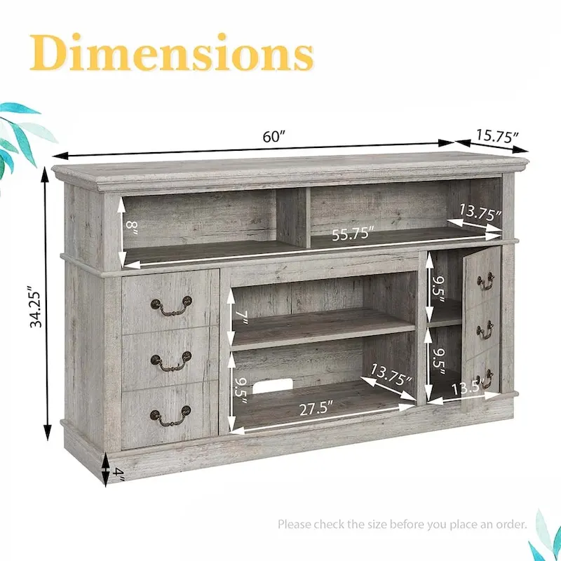 60-Inch Retro TV Stand Entertainment Center with 2 Cabinets and Open Shelves - Dimensions: 60W x 15.75D x 34.25H