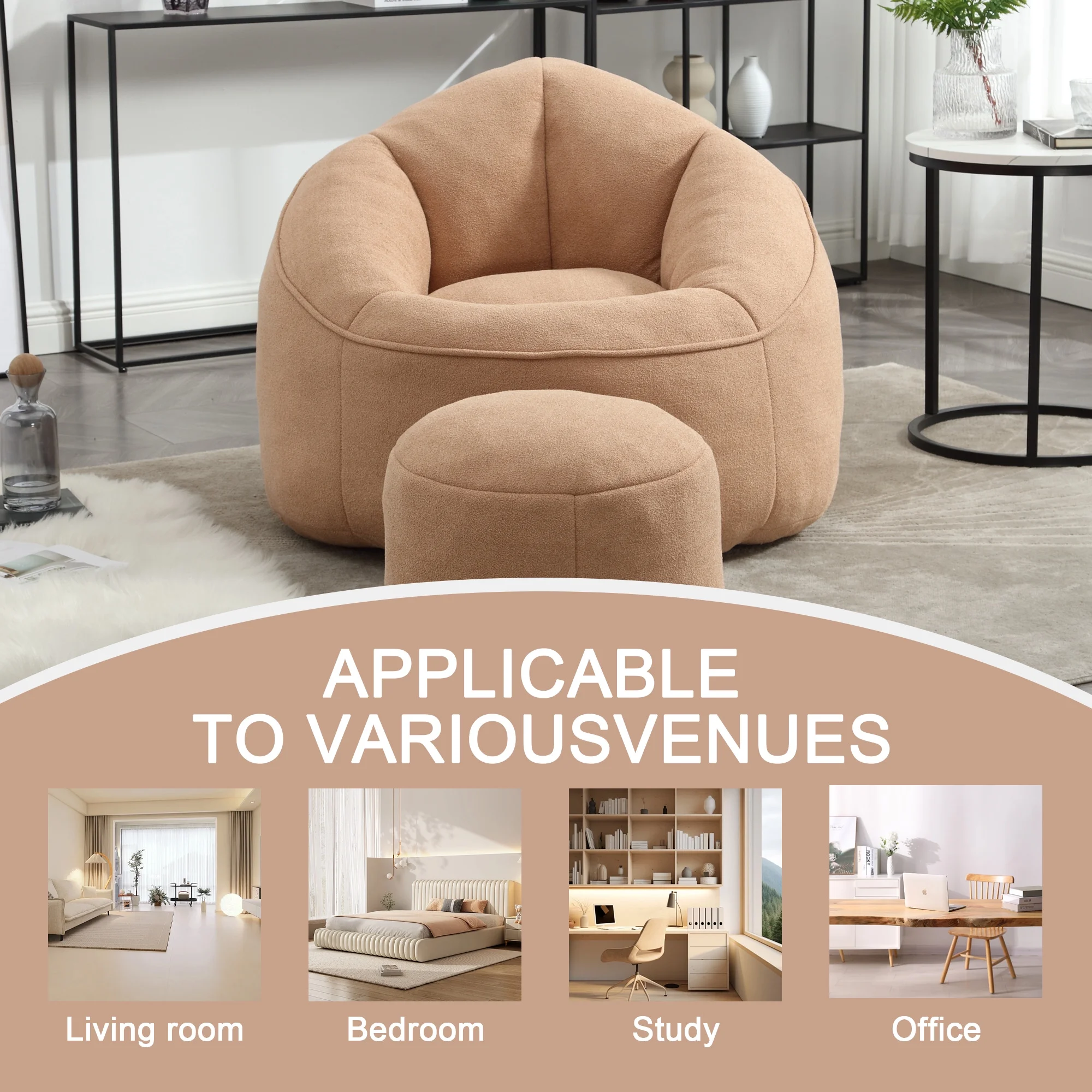 MOONMISS Microfiber Upholstered High Pressure Foam Round Lazy Bean Bag Sofa Chair with Ottoman-Gray - Image 15