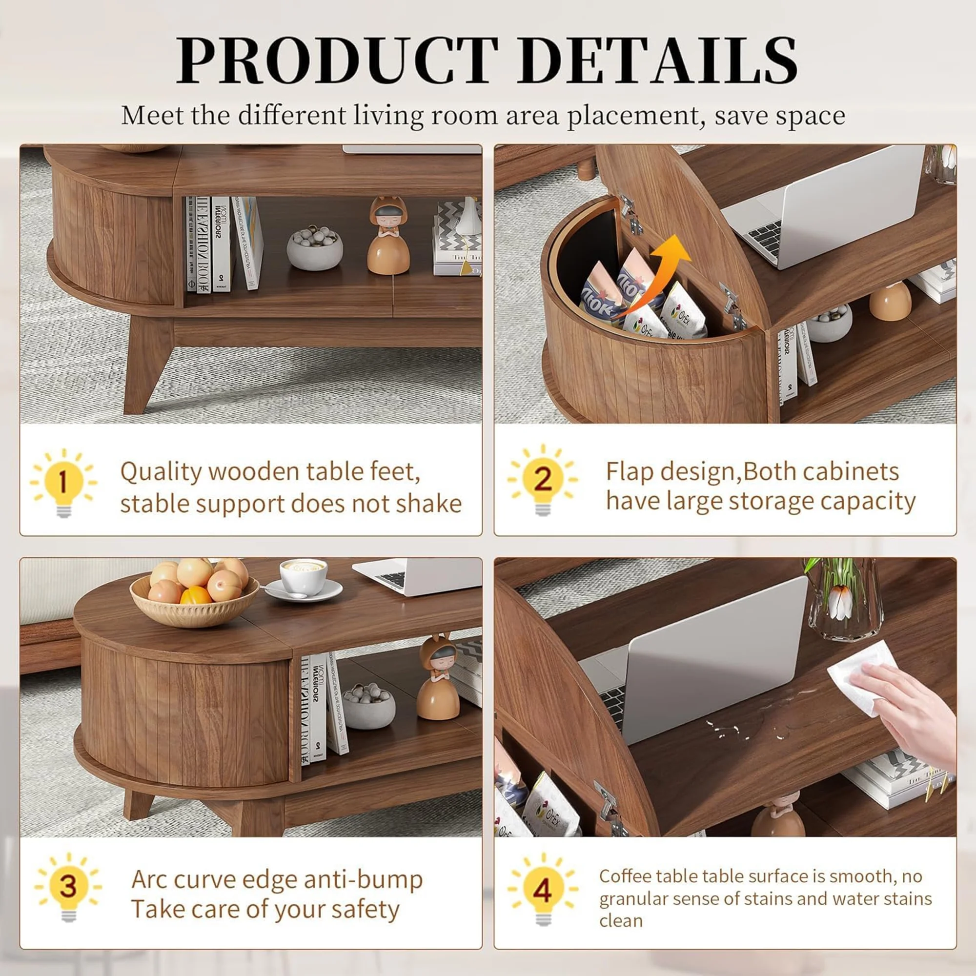 Fluted Coffee Table with Storage, Modern Coffee Tables, Wood Accent Center Table - Image 20
