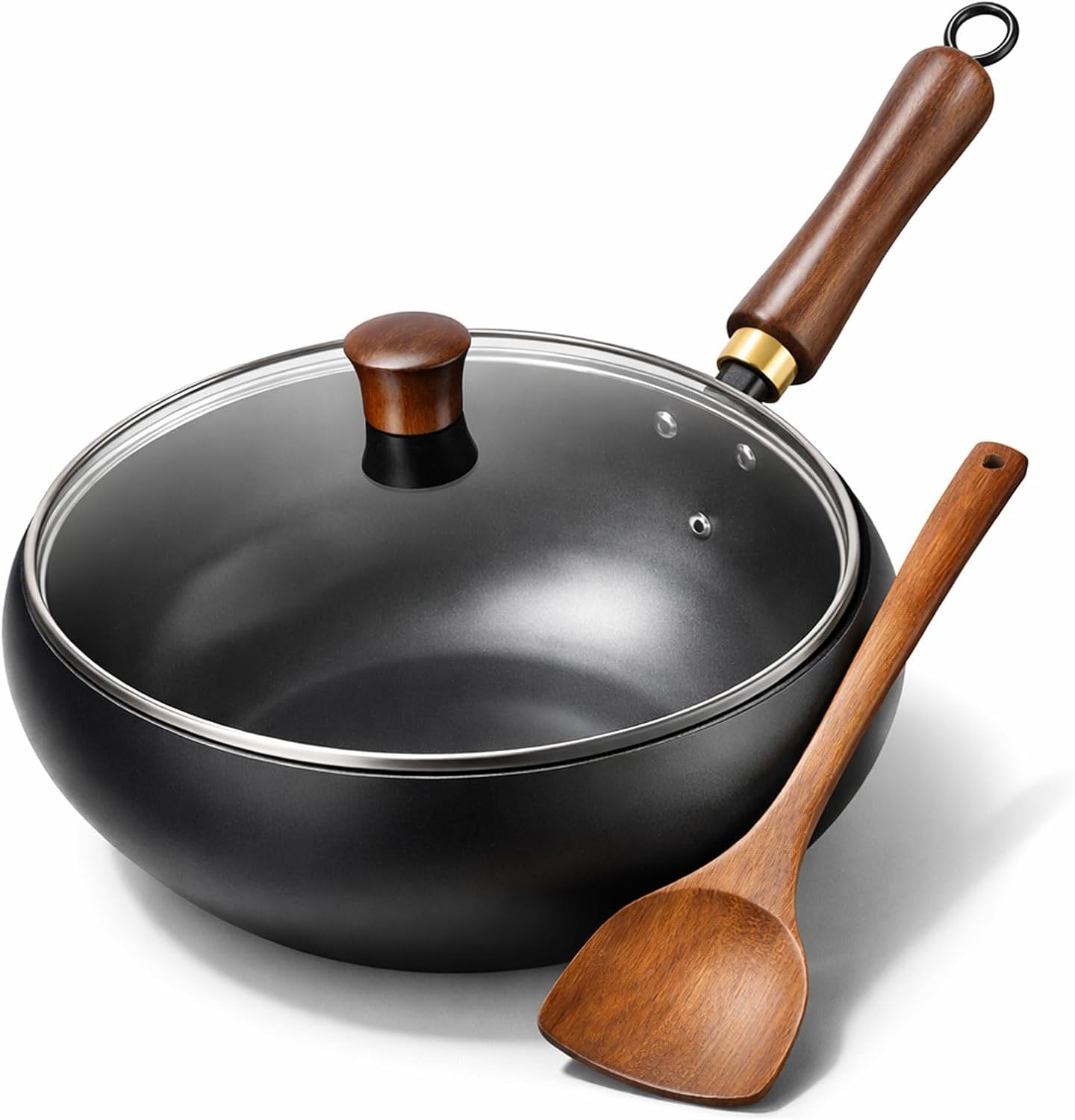 Traditional Forged Big-Belly Pot - Japanese-Style Big Belly Iron Wok with Lid, Nitrided Rust-Resistant & Uncoated Non-Stick Deep Frying Pan- Includes Wooden Spatula (No pot lid,24cm)