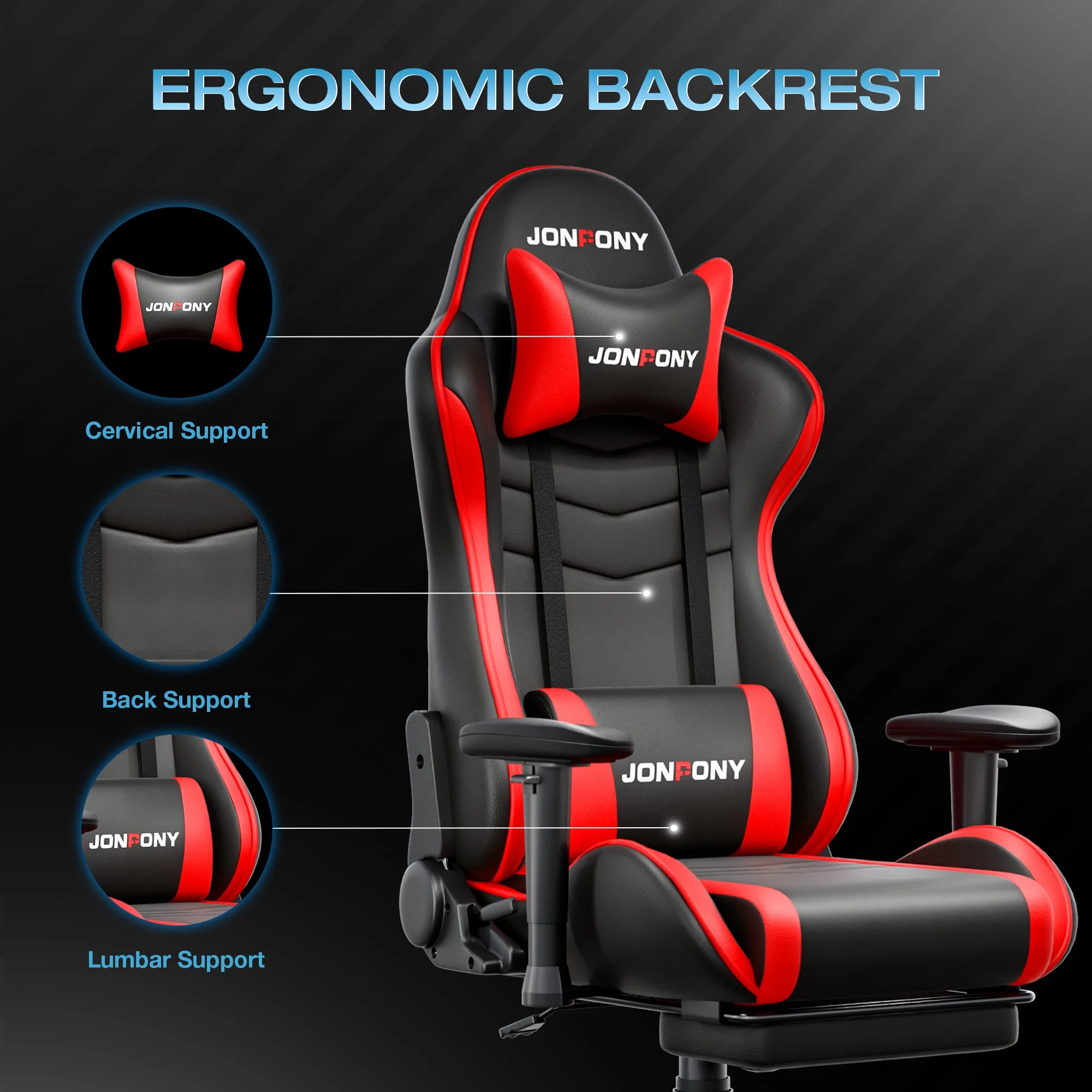 JONPONY Big and Tall 500LBS Gaming Chair, Ergonomic Design, Gamer Chair PU Leather with Footrest and Lumbar Support, High Back Office Chair Support 8 Hours Long Sitting, Computer Chair,Red - Image 10