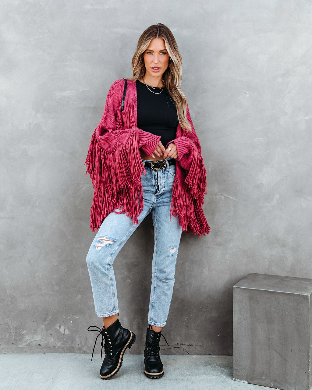Spruce Fringe Knit Cardigan - Rose - Se7enfashion