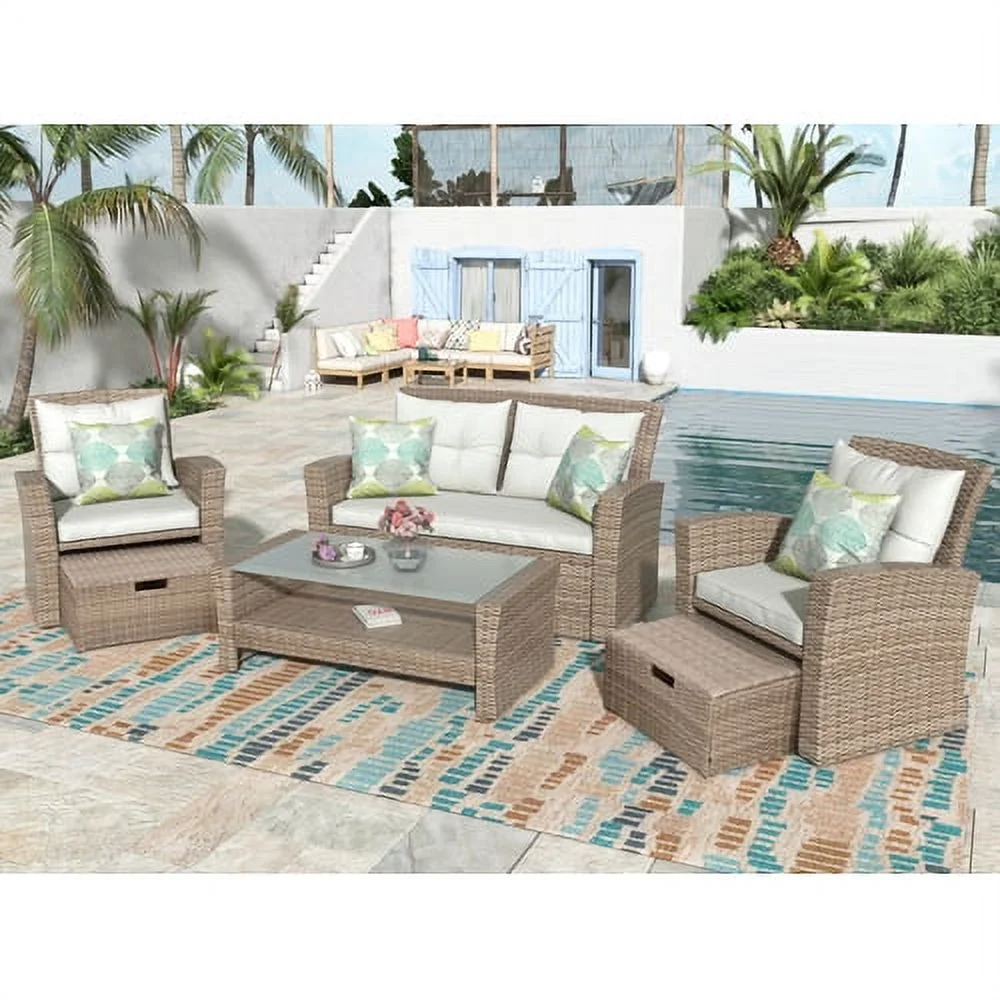 Harper & Bright Designs 4 Pieces Patio Wicker Chair with Ottoman and Coffee Table, Outdoor Rattan Loveseat Sectional Sofa Furniture Set for Garden, Beige Cushions - Image 8