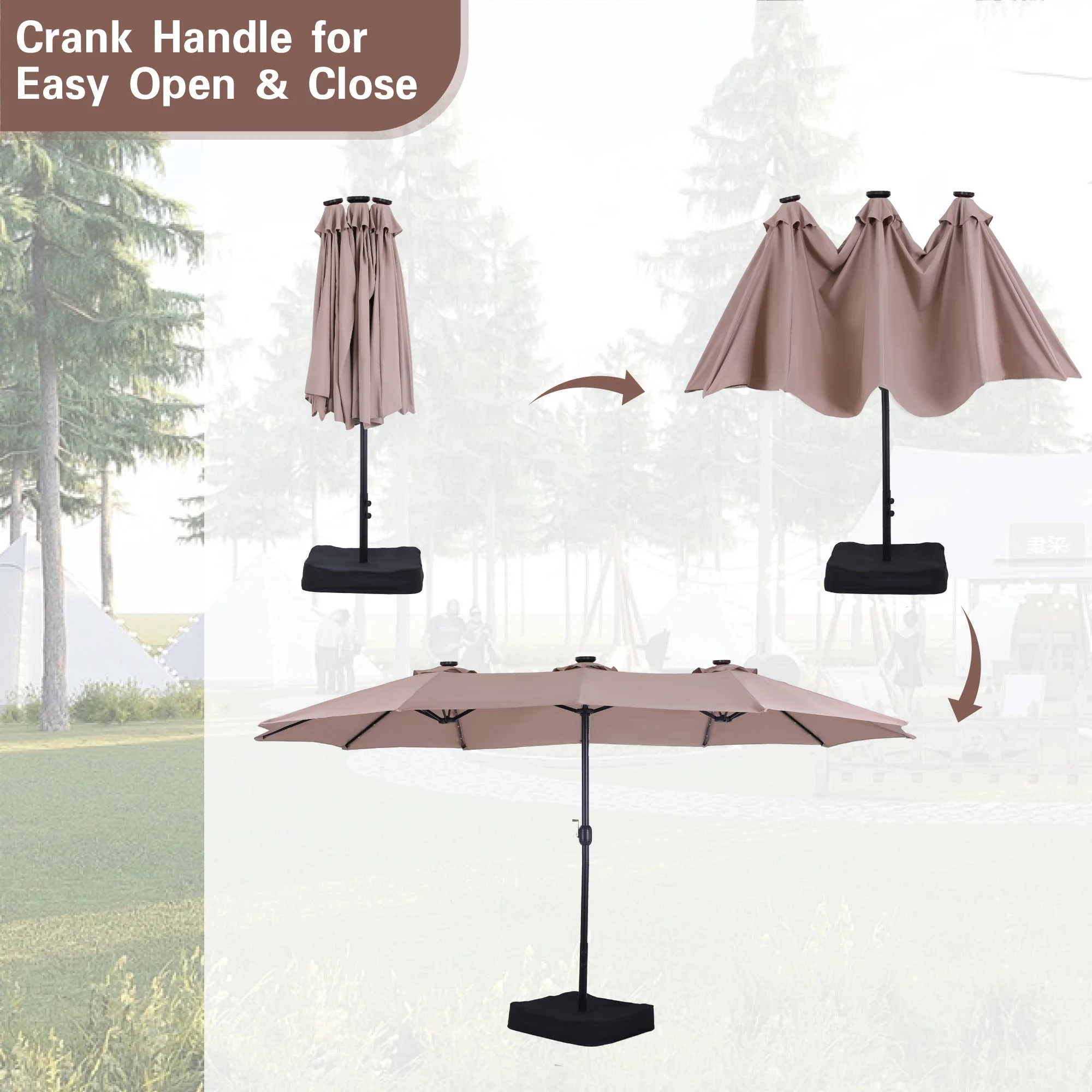 Alpha Joy 15ft Extra Large Outdoor Patio Double-Sided Umbrella with LED Solar Lights & Umbrella Base, Beige - Image 14