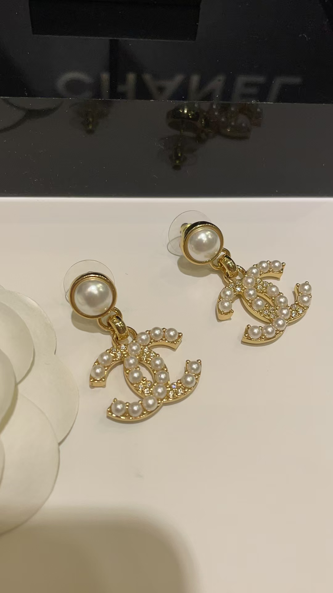 Chanel Pearl Paved Double C Earrings - Original Replica Club