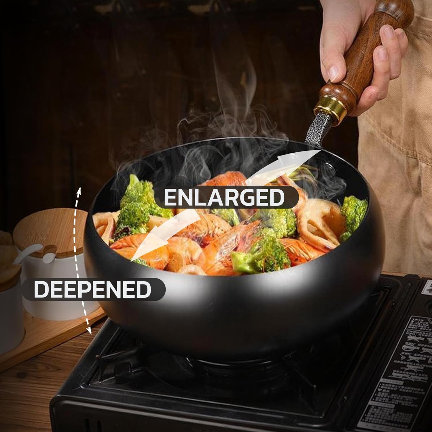 MACTANO Uncoated Iron Pan, Nonstick Wok Hand Forged Iron Pan with Lid Stir Fry Wok Skillet for Cooking - 9.44IN