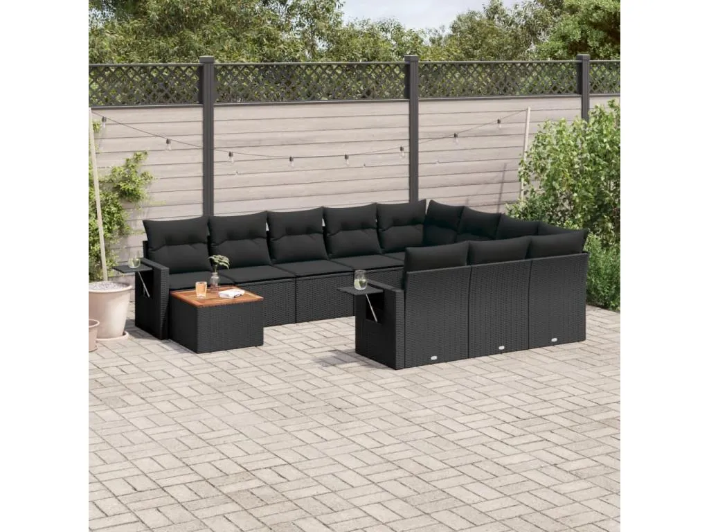 Micasacool Set de sofás de jardín 11 pzas y cojines ratán sintético negro