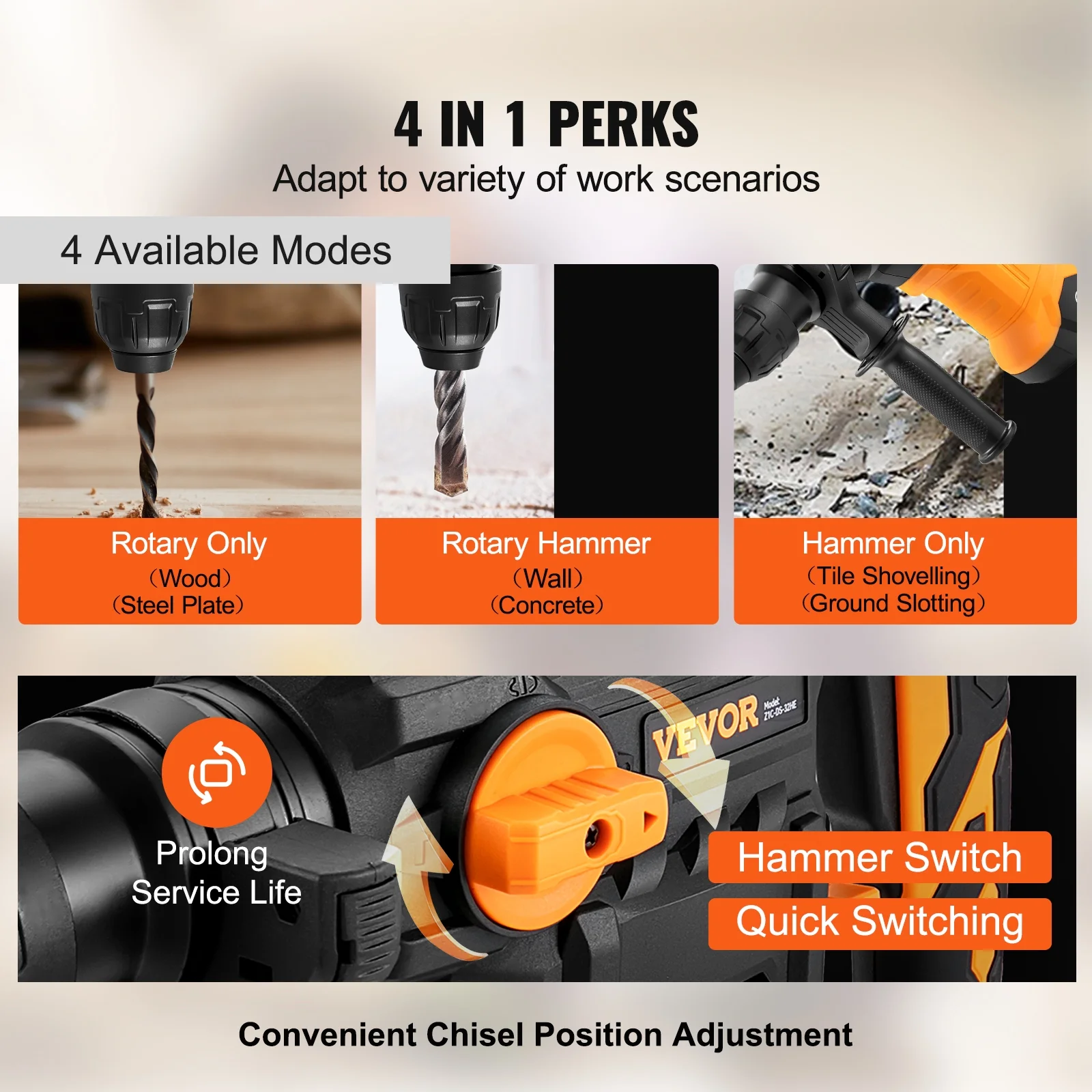 VEVOR 1-1/4inch SDS-Plus Rotary Hammer Drill, 13 Amp Corded Drills, Heavy Duty Chipping Hammers w/Vibration Control & Safety Clutch, Electric Demolition Hammers Variable Speed, Power Tool For Concrete - Image 4