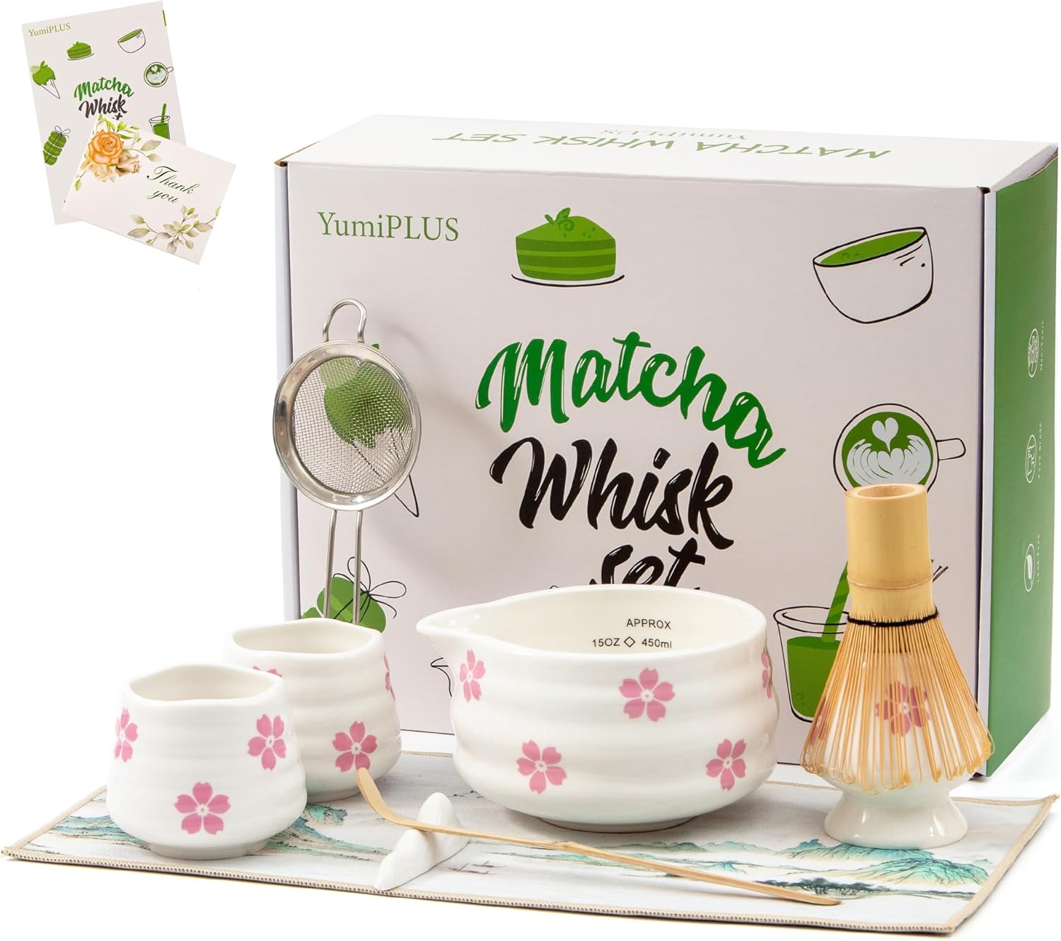 9pcs Premium Matcha Set,Ceramic Bowl with Spout and Bamboo Whisk set, Ceremonical Matcha Kit for breakfast/latte,Tea Starter Making Kit, Unique Christmas/Valentine Gift (Sakura 9pcs)