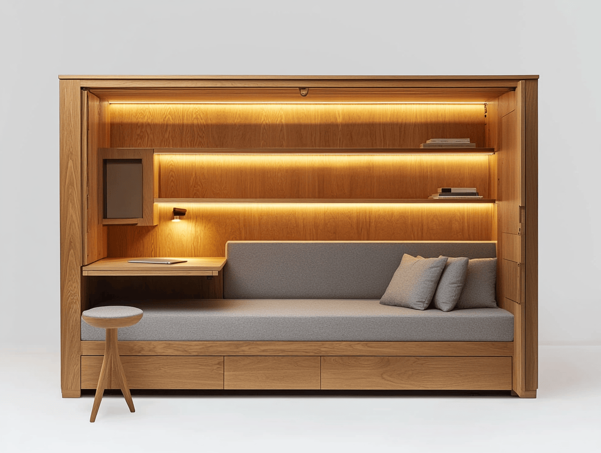 Sofá cama de madera con escritorio y estanterías iluminadas para estudio
