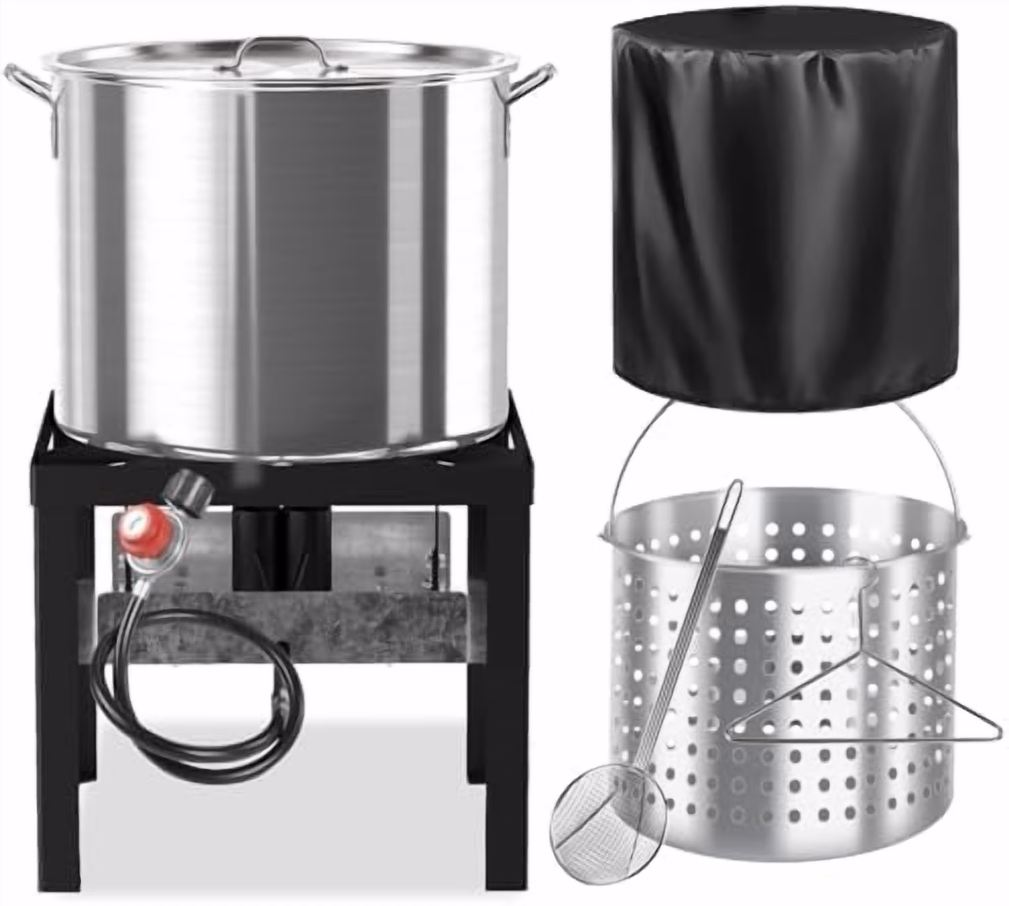 100QT Seafood Boil Pot with 80QT Basket | Dust Cover | 16 - Inch Skimmer | Crawfish Boiler Crab Boil Pot | 110, 000BTU Jet - Burner | 20PSI CSA Certified Regulator | Ideal for Outdoor Cooking(100QT)