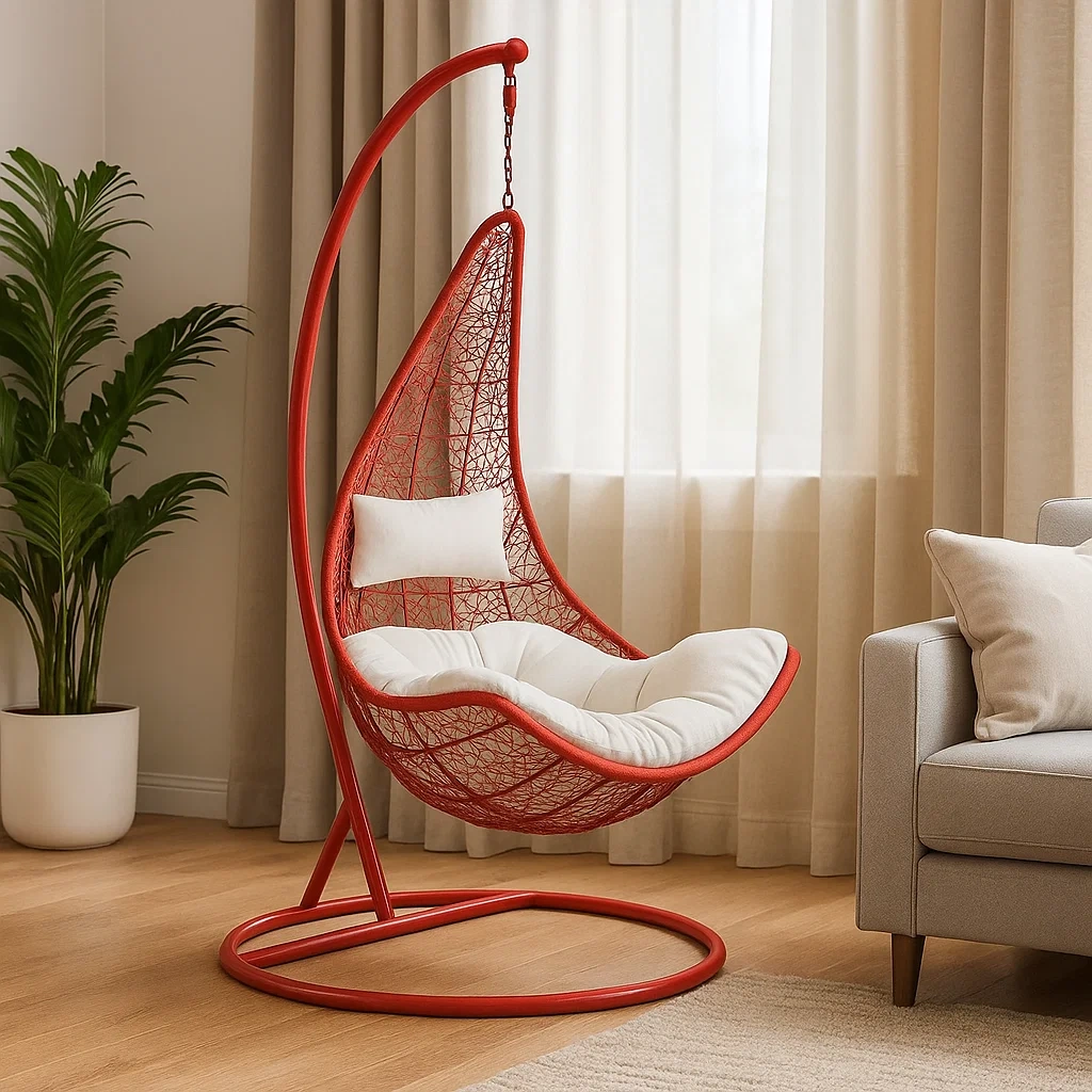 Sillón colgante de 1 plaza de resina trenzada roja y cojín blanco - oTvmmjC242pM