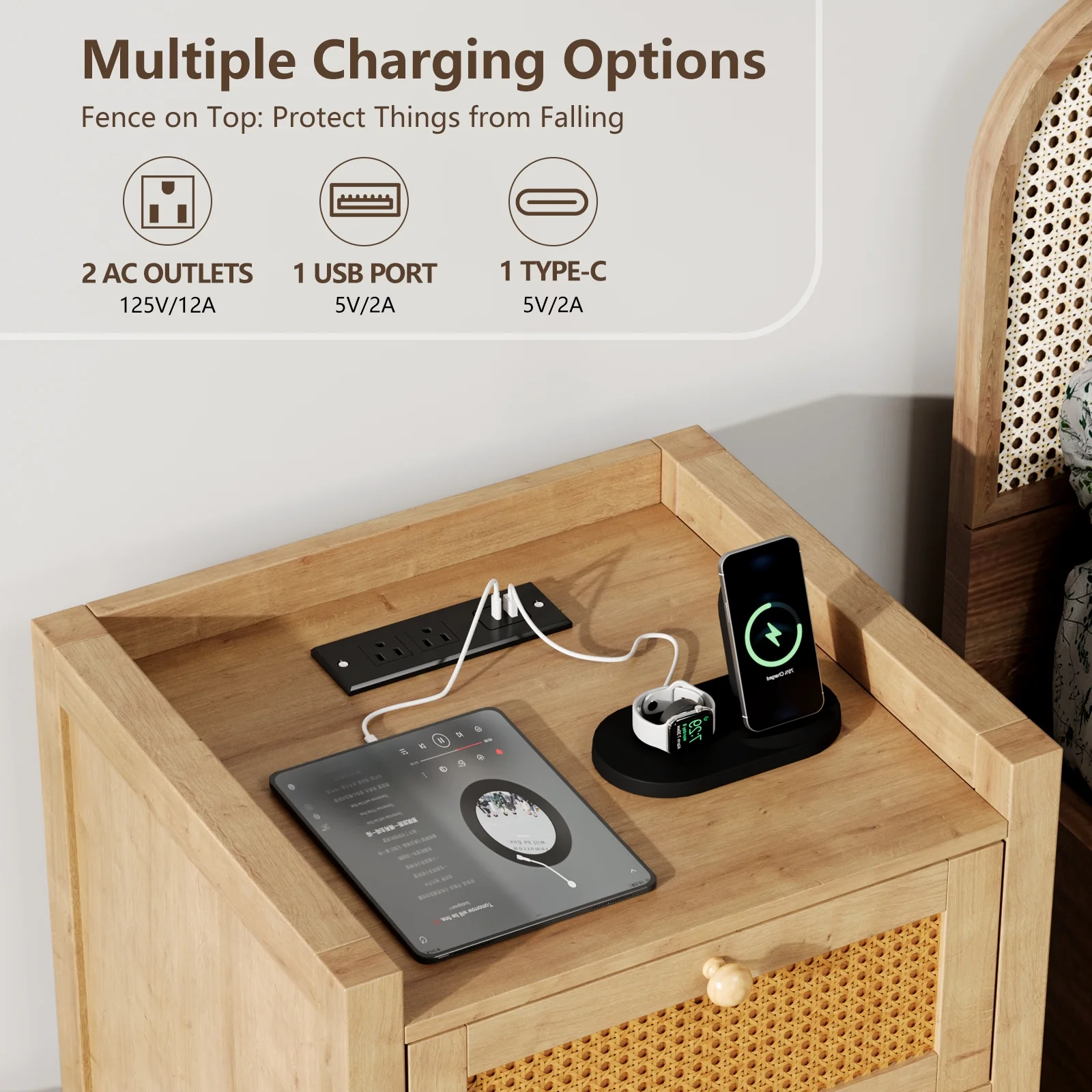 LGHM Nightstand Set of 2 with Charging Station, Farmhouse Bedside Tables Night Stands with Drawer, Boho Side Tables for Bedroom, Living Room, Oak - Image 4