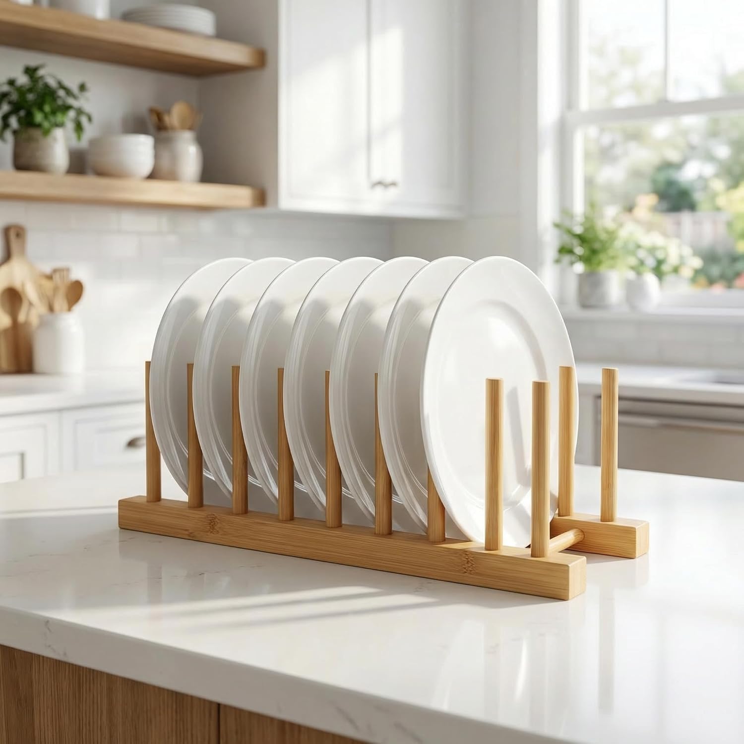 Bamboo Wooden Dish Racks for Kitchen Counter, Plate Organizer for Cabinet Stand Drainer Storage Holder Organizer for Dish, Pots, Lids, Bowls, Cups, and Cutting Boards and Books