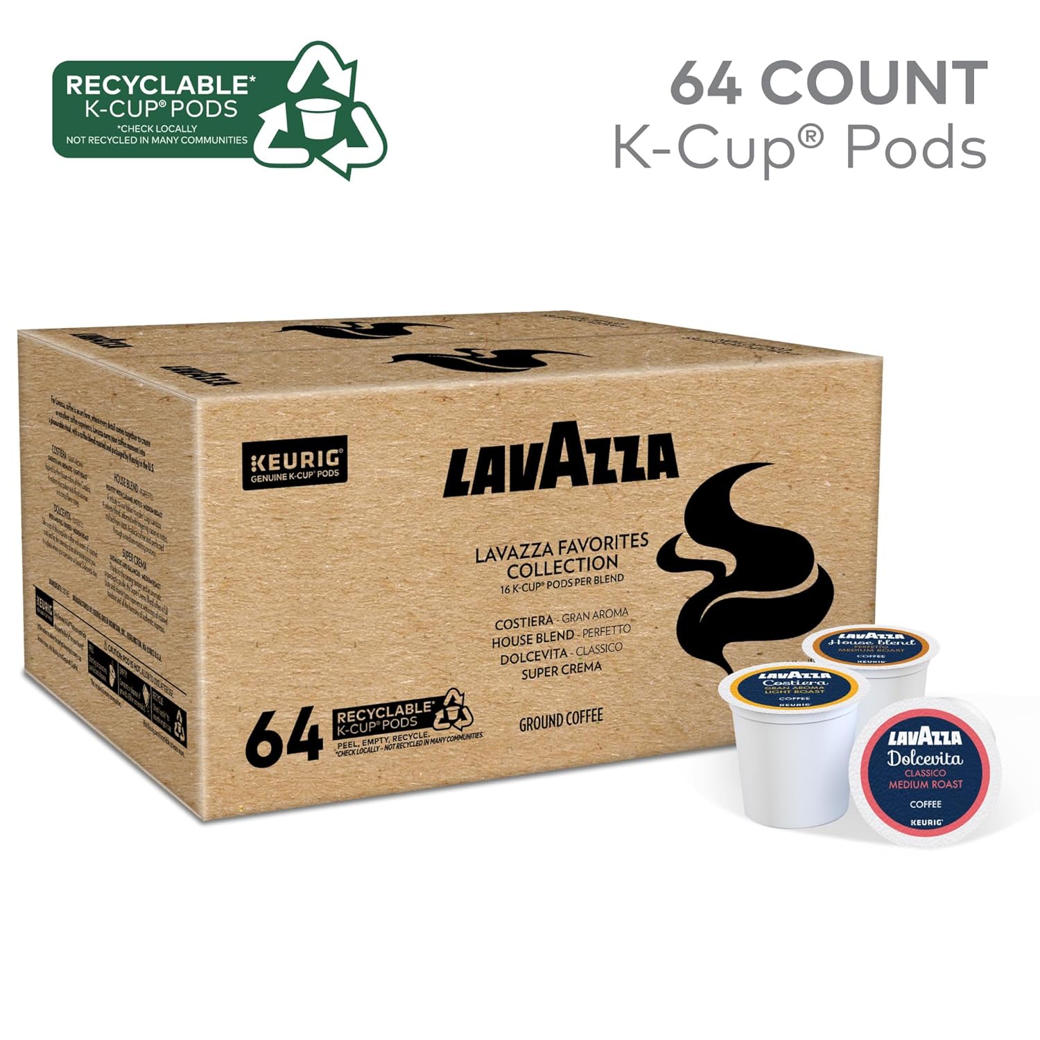 Lavazza Favorites Collection Variety Pack. Single Serve Keurig® K-Cup® Pods. Light and Medium Roast Coffees. 64-Count Box