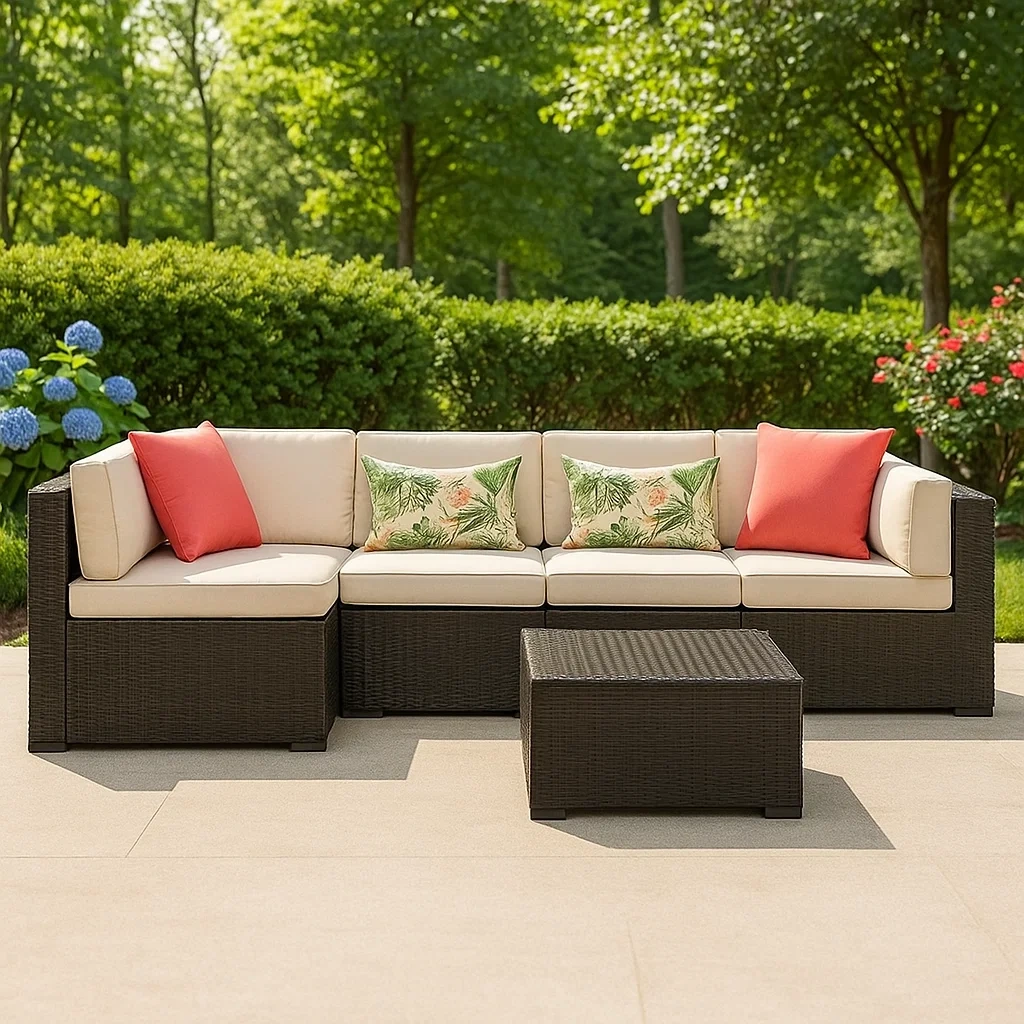 Sofá modular de exterior,conjunto de 2 piezas con sofá seccional y mesa auxiliar,marrón,acero y textil,jardín