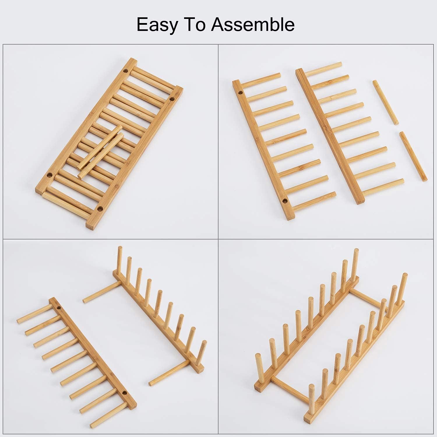 HBlife 2pcs Bamboo Dish Plate Bowl Cup Book Pot Lid Cutting Board Drying Rack Stand Drainer Storage Holder Organizer Kitchen Cabinet（Keep Dry）