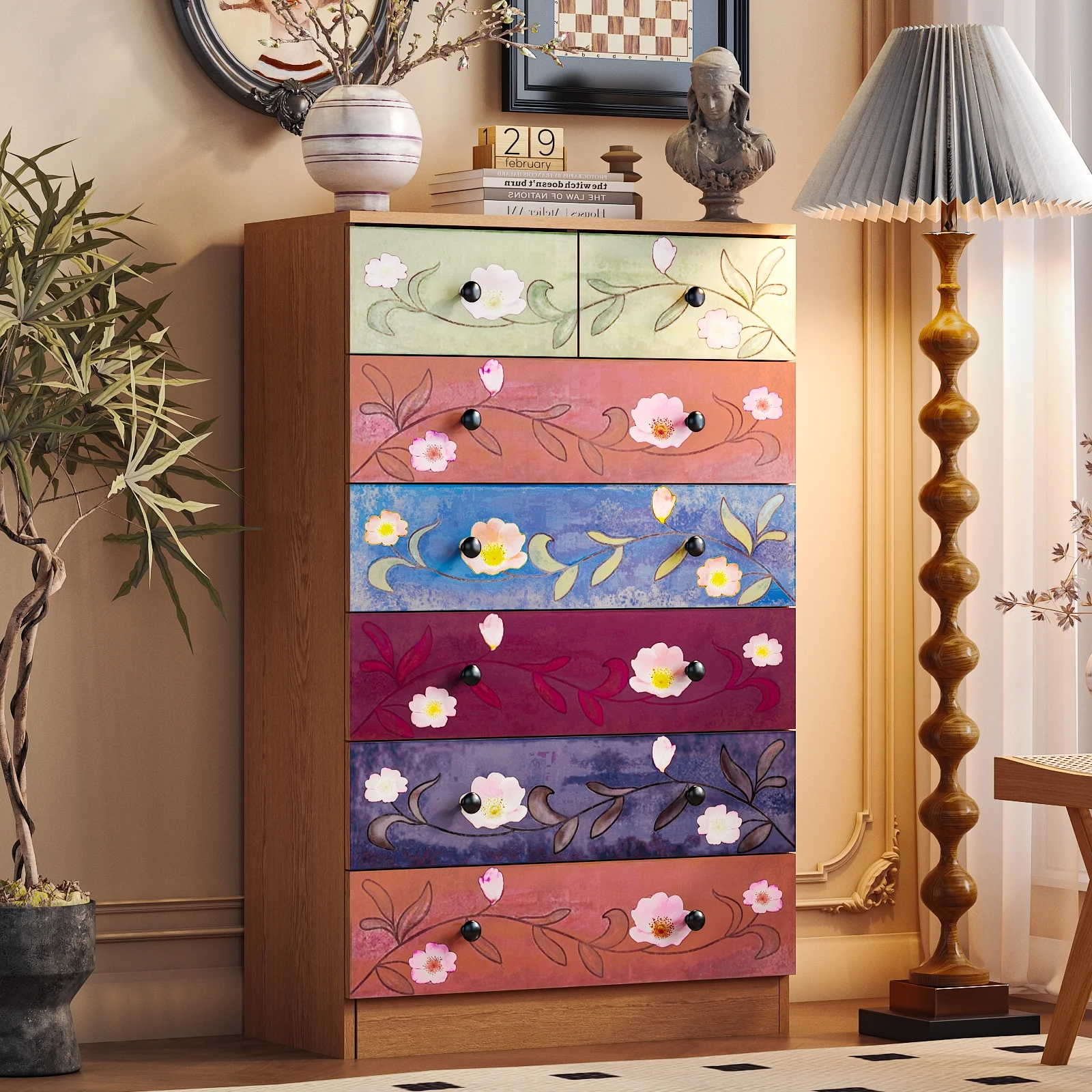 Ktaxon Wood 6-Drawer Dresser Organizer for Bedroom Storage Tower for Entryway Hallway Closet, Tall Chest Organizer Unit with Wood Bins, Floral Painted Wooden - Image 16