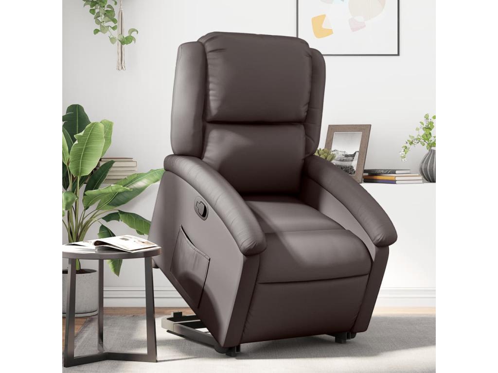Sillón reclinable elevable cuero auténtico marrón oscuro
