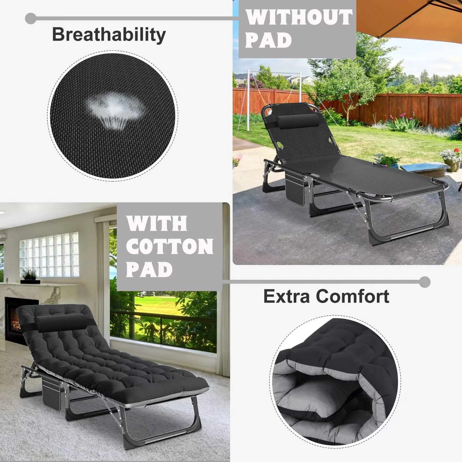 MOPHOTO Lounge Chair with Mattress, Outdoor Chaise Lounge Support 440 Lbs, Adjustable Portable Heavy Duty Sleeping Cots Bed for Camping, Pool, Beach, Patio - Image 15