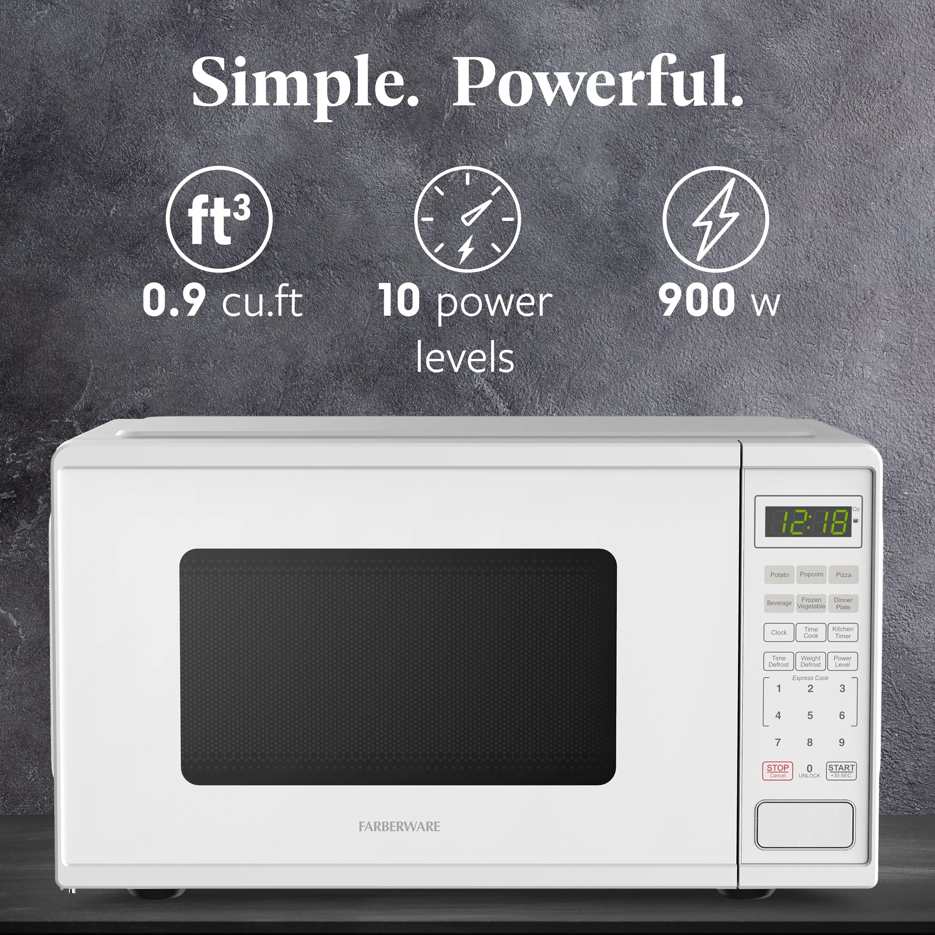 Farberware FMGZ09BKA 0.9 Cu. Ft. Microwave Oven, 900W, Digital Control, LED Display, 6 Cooking Presets, Black