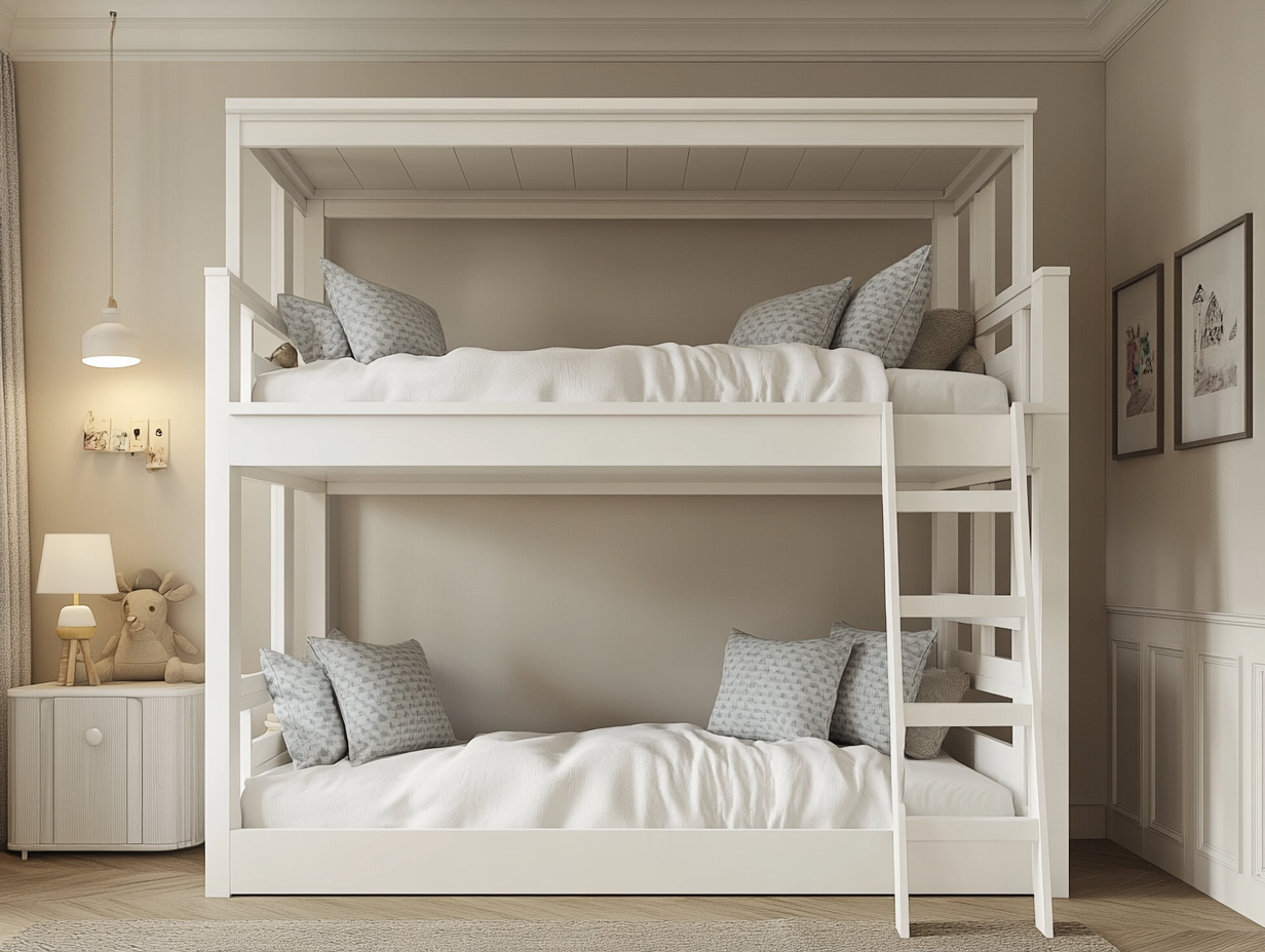 Litera doble de madera blanca con escalera frontal y barandillas de seguridad LM3511260