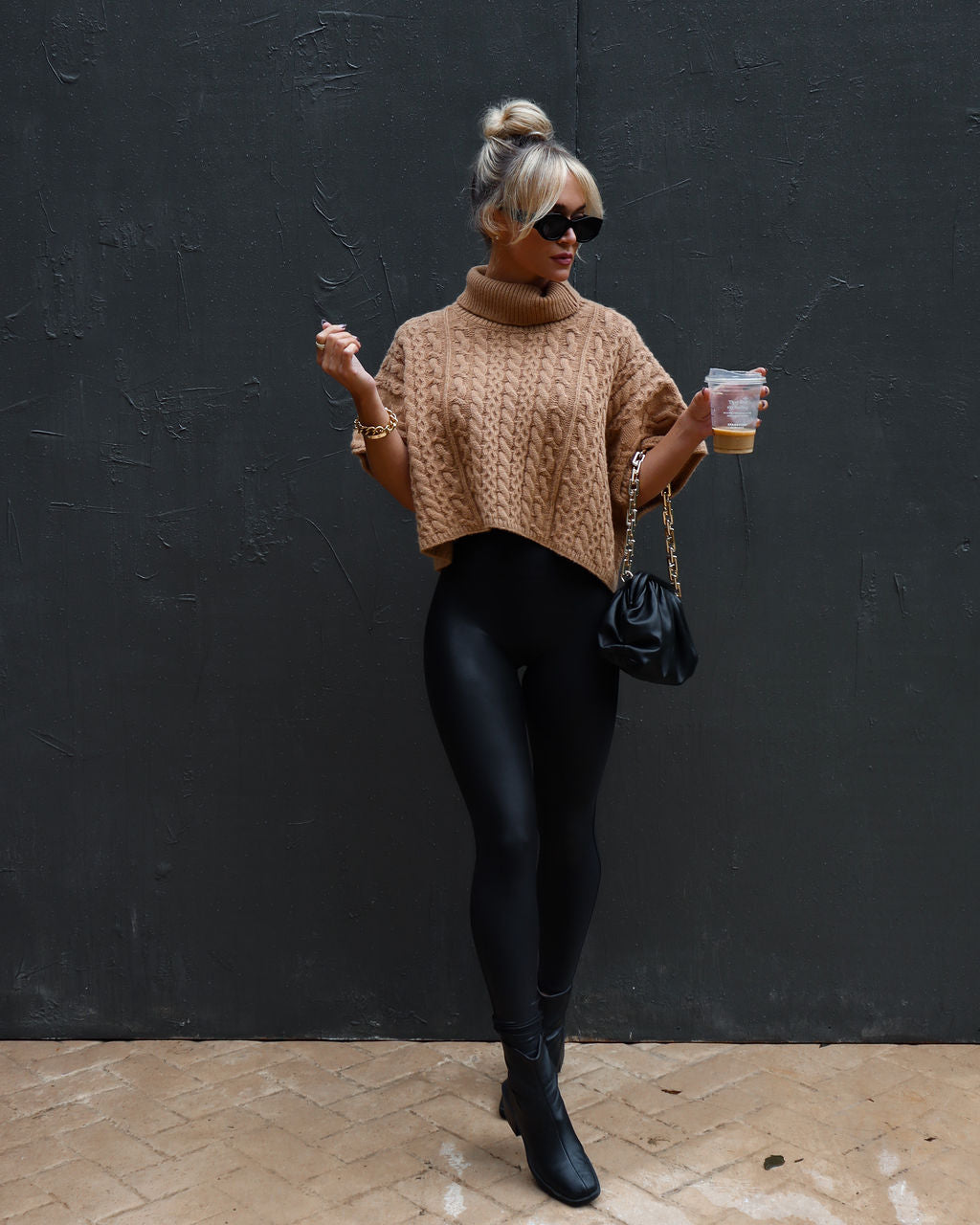 Adalynn Cable Knit Turtleneck Sweater Vest - Camel - Se7enfashion