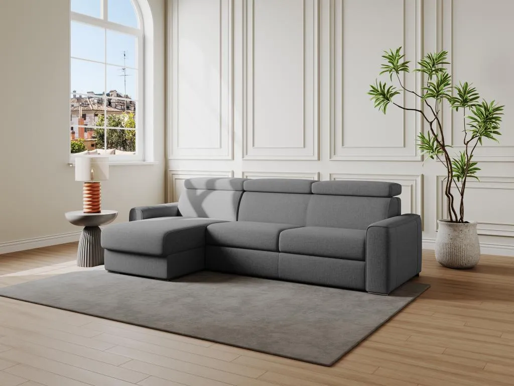 Sofá cama esquinero reversible de tela gris - Cama de láminas anchas de 140 cm - Colchón de 22 cm - Prietocasa