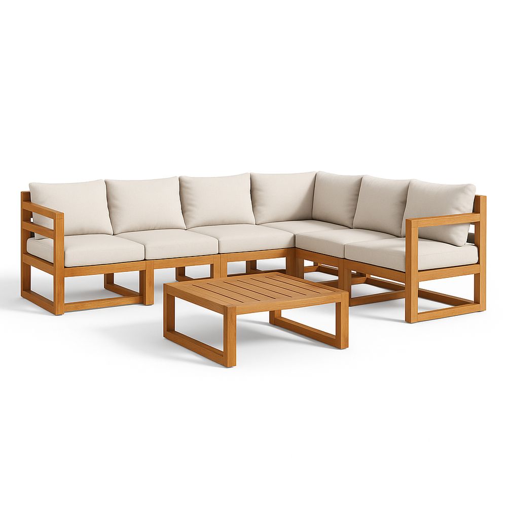 Sofá modular de esquina de madera de teca con cojines beige, muebles de jardín modernos, conjunto de sala de estar exterior