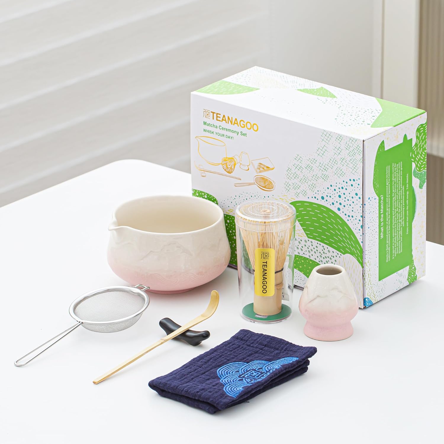 TEANAGOO 7 Pcs Matcha Whisk Set, Pink Matcha Set, Ceremony Matcha Powder Kit,Matcha Tea Set for Making Latte,Matcha Whisk Set and Bowl with Scoop&Sifter,Fuji Design Ceramic Bowl,Gift for Matcha Lovers