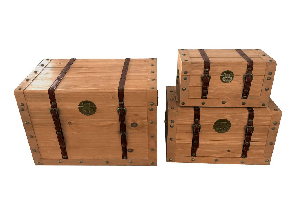 Lote de 3 baúles de madera de abeto y MDF - 3 tamaños - Natural - ESPARTA