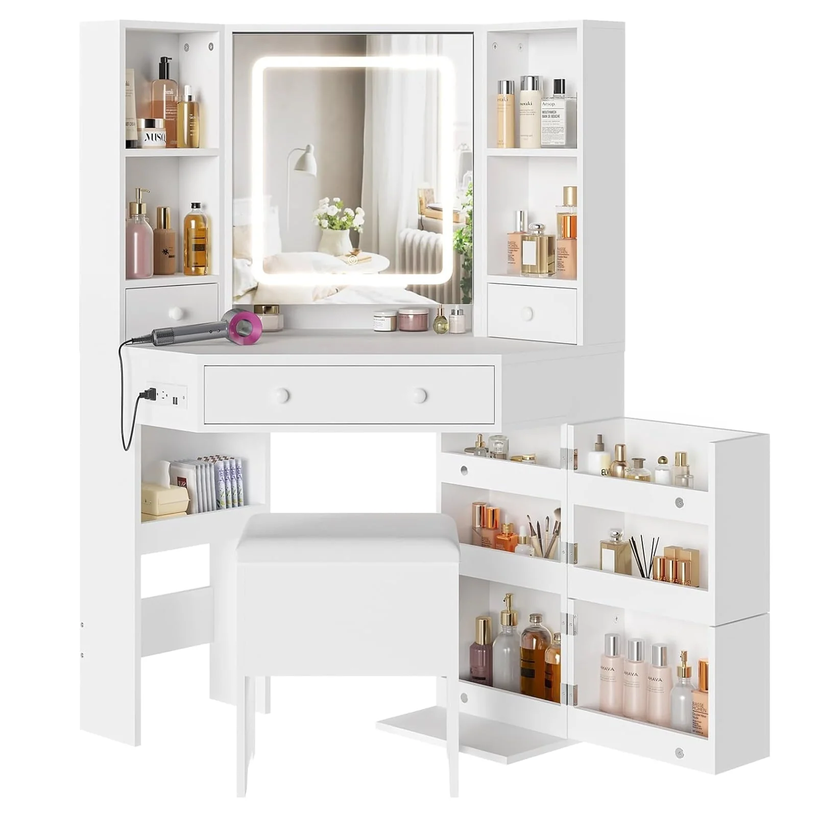 Black Vanity Set with Lights & Charging Station & Cushioned Stool, Modern Makeup Vanity Desk Table with Visible Drawers and Open Storage Shelves for Women Girls - Image 7
