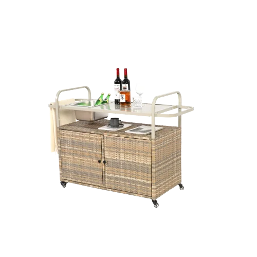 Yiweny Outdoor Rolling Wicker Bar Cart, Large Portable Outdoor Wicker Bar Table with Cabinet Storage and Glass Countertop, Patio Wicker Serving Bar Cart for Pool, Party, Backyard, Black - Image 17