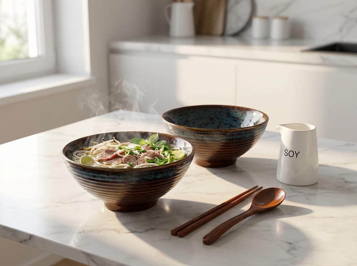 JJOO Ramen Bowl, 8 inch Large Ceramic Ramen Pho Noodle Bowls Set with Chopsticks and Spoons, Japanese Style, Set of 2