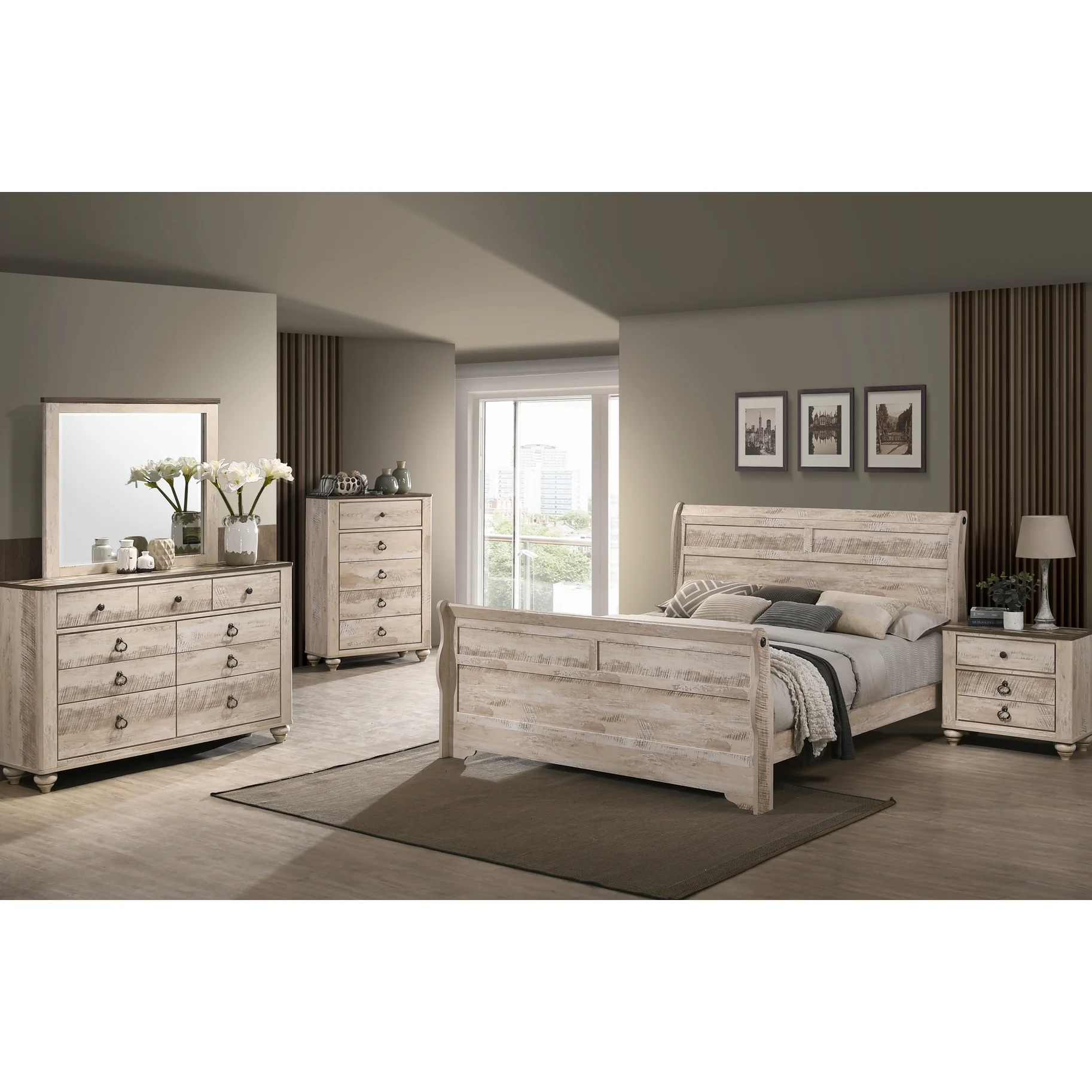 King Size Bedroom Furniture - Bed, Dresser, Mirror, Nightstands, Chest Rustic White Wash Style Urban - Image 2