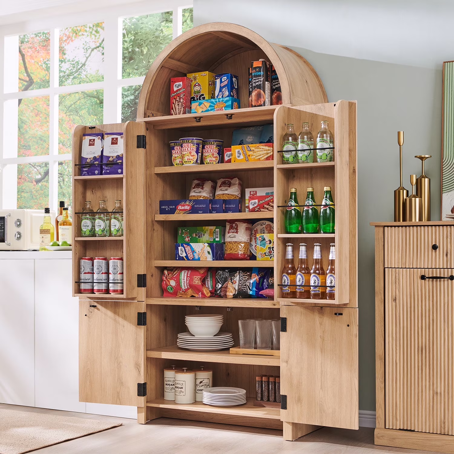SinCiDo Arched Kitchen Pantry Storage Cabinet, 71-Inch Tall Wood Adjustable Shelves, 2 Doors, 2 Drawers